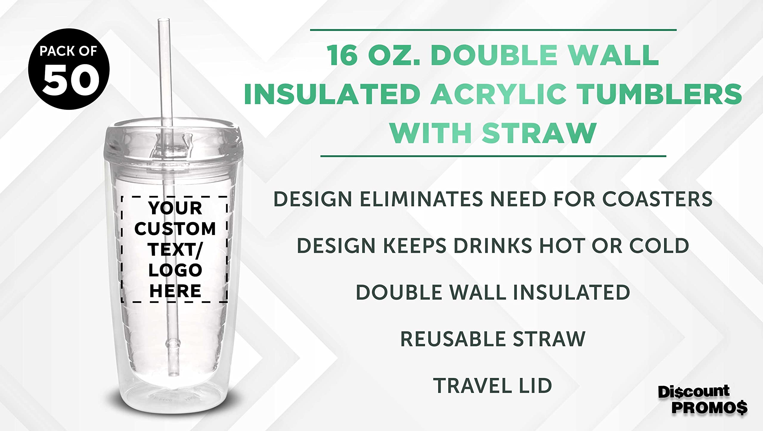 50 Pack Custom Double Wall Acrylic Tumblers 16oz - BPA Free Clear Insulated Cups for Iced Coffee, Soda, Hot & Cold Drinks - Bulk Personalized Drinkware for Restaurants, Cafes, Parties & Events
