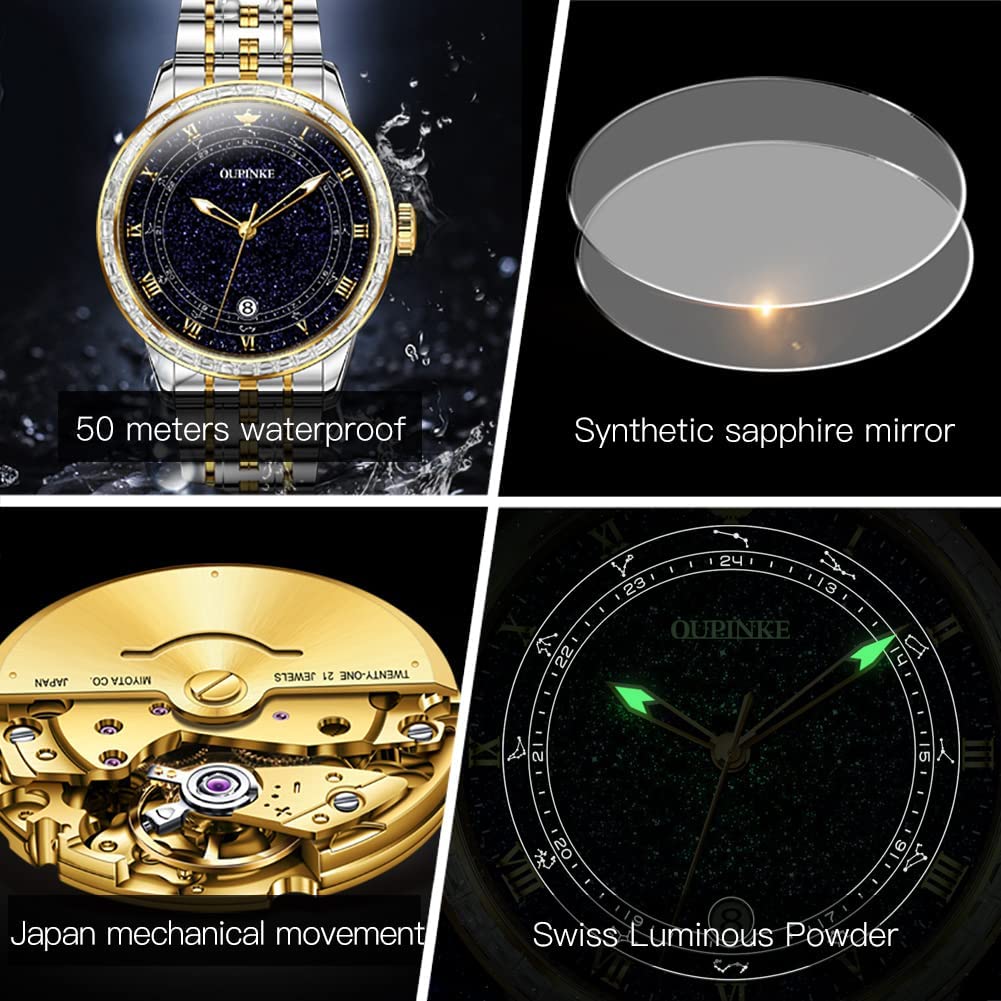 OUPINKE Men's Automatic Luxury Watch - Starry Sky Design, Mechanical Movement, Waterproof, Date Display, Luminous Hands, Sapphire Crystal, Tungsten Steel Band - Perfect for Business, Formal Events & Gift Giving