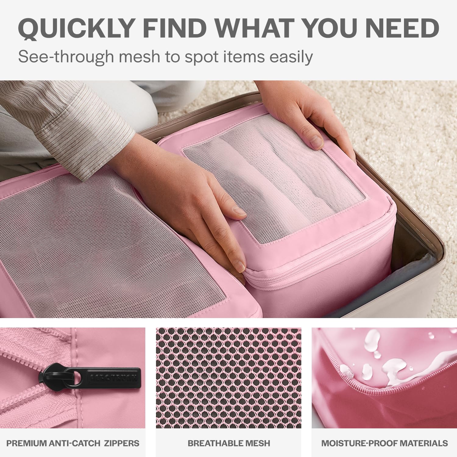 6-Pack Pink Compression Packing Cubes for Travel - Double Zipper Luggage Organizer Bags for Suitcases - Perfect for Business Trips, Vacations & Weekend Getaways