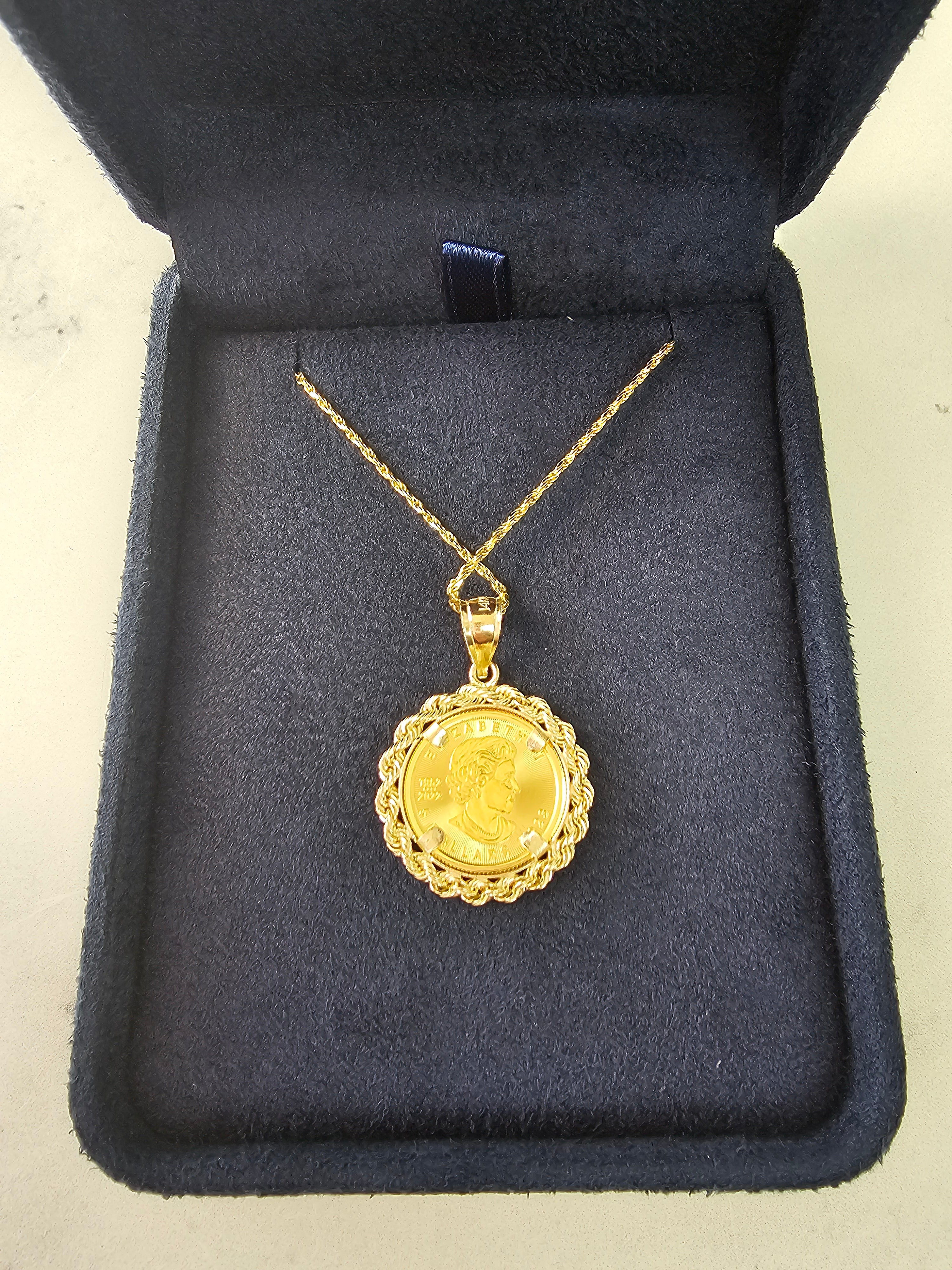 1/10 oz Fine Gold Canadian Maple Leaf Coin Necklace with Rope Bezel - Elegant Jewelry Gift for Women, Perfect for Weddings, Anniversaries & Special Occasions