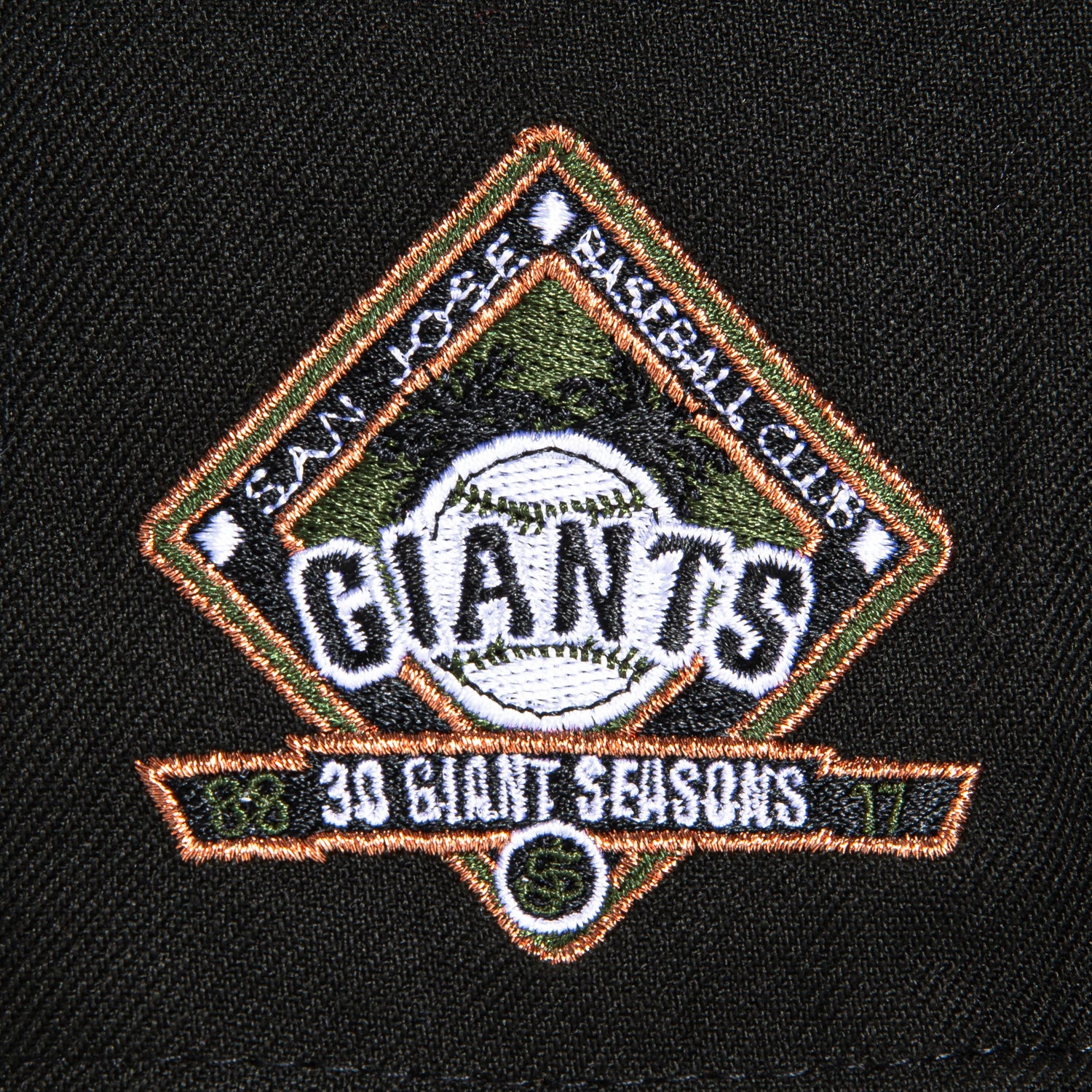 New Era 59Fifty San Jose Giants 30th Anniversary Patch Snapback Hat - Black, Olive, Metallic Copper - Perfect for Baseball Games, Fan Collections & Streetwear Fashion