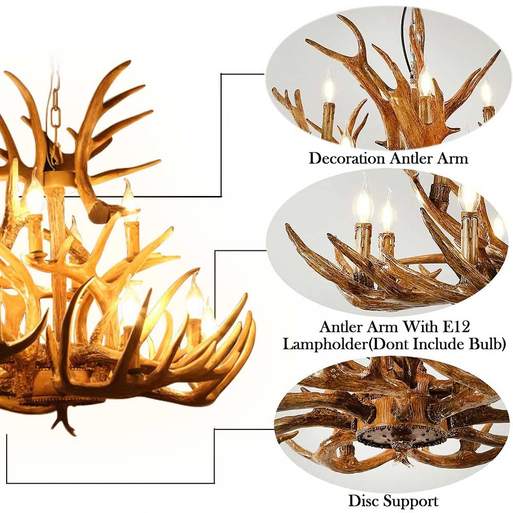 12-Light Resin Deer Antler Chandelier - Double Layer Rustic Country Style Horn Lighting Fixture for Living Room & Dining Room - Perfect for Cabin, Lodge, and Western-Themed Decor (15 Antlers)