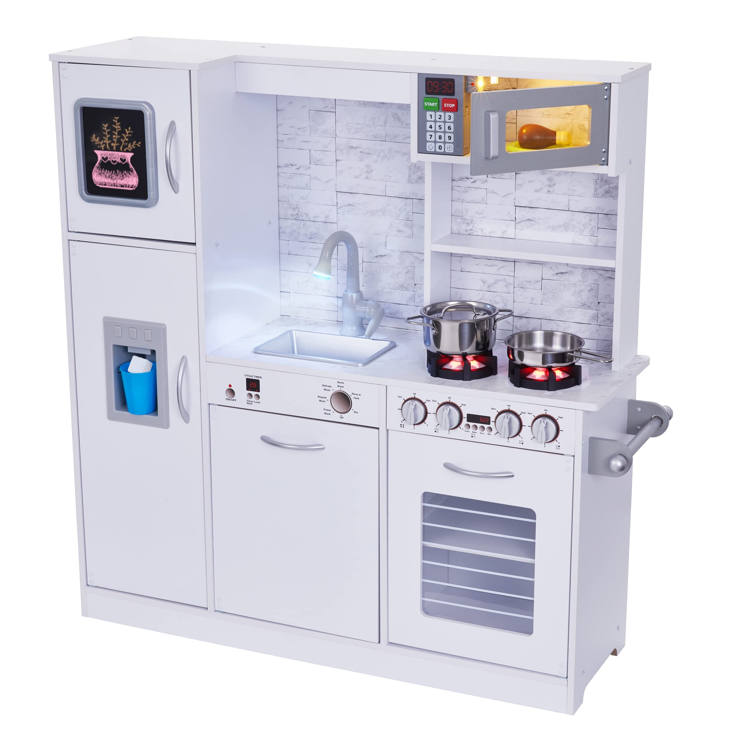 **Lil' Jumbl Kids Wooden Play Kitchen Set with Realistic Sounds & Lights - Pretend Cooking Toy with Battery-Operated Icemaker, Burners, Faucet & Microwave - Includes Pots & Pans - Perfect for Imaginative Play & Role-Playing Games (White)**