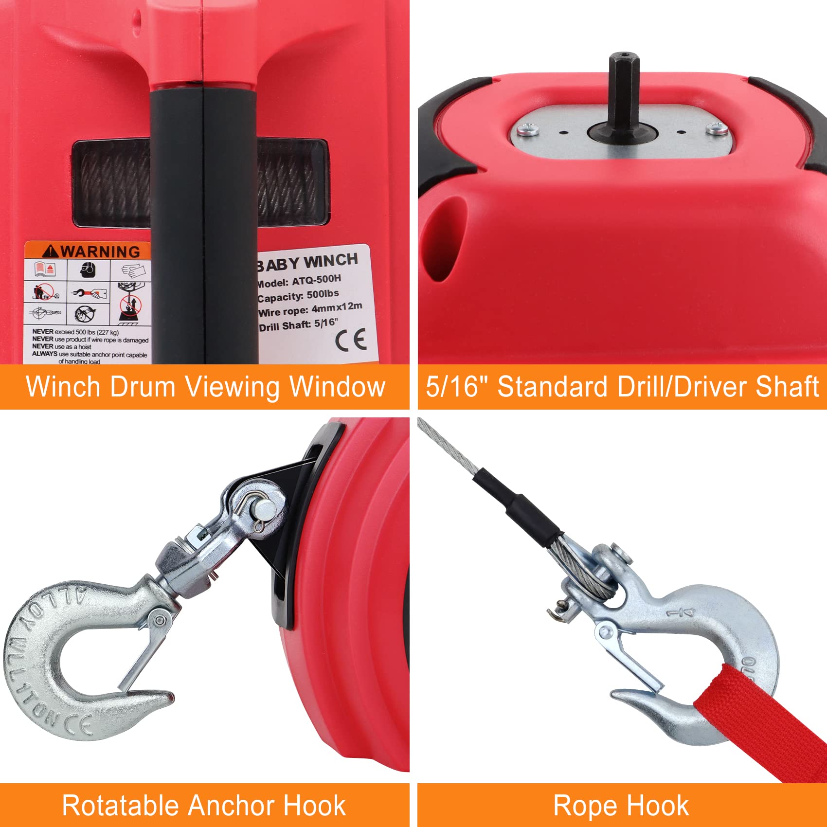 750 LB Capacity Portable Drill Winch - 360° Rotating Hook with 40ft Alloy Wire Rope - Handheld Winch for Lifting, Dragging, Log Handling & Wire Fence Installation - Perfect for Construction, Farm Work & Outdoor Projects