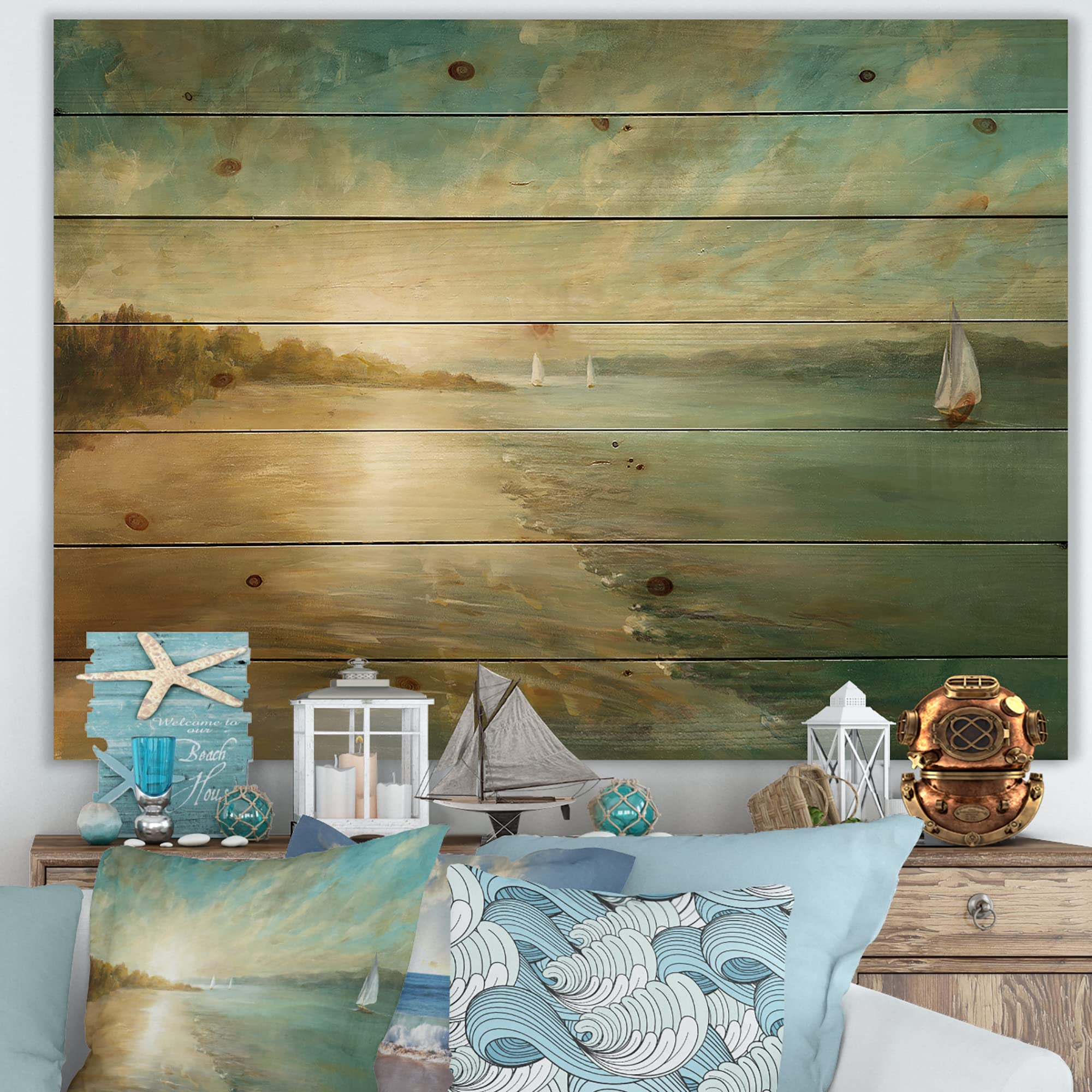 DesignQ Coastal Pastel Horizon Wood Wall Art - Nautical & Beach Decor, Blue Wood Wall Panels Printed on Natural Pine - Perfect for Living Room, Bedroom or Beach House Decor