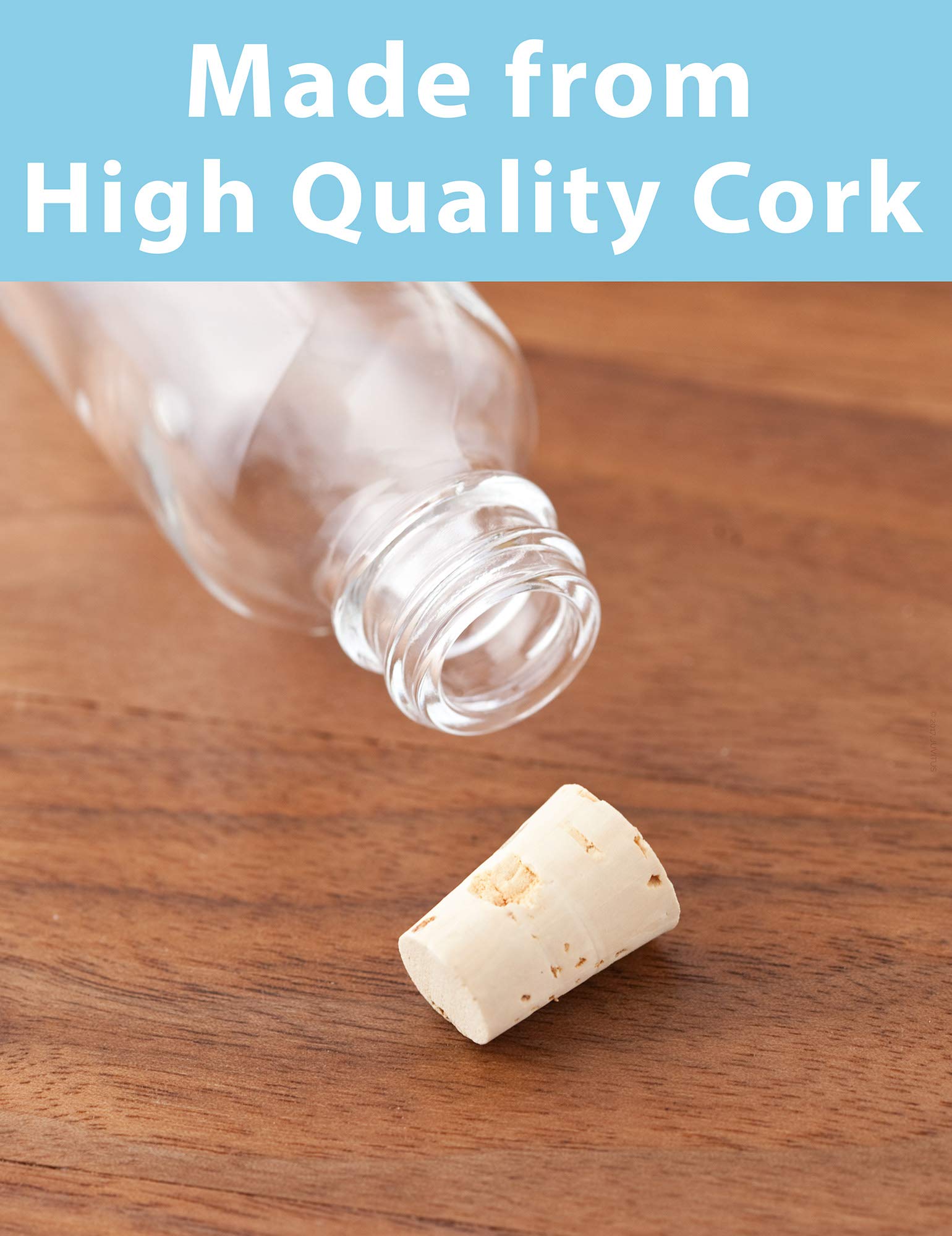 JUVITUS 4-Pack 1 oz (30 ml) Clear Glass Boston Round Bottles with Cork Stoppers & Funnel - Essential Oil, Perfume, DIY Craft Storage - Perfect for Home, Lab & Travel Use