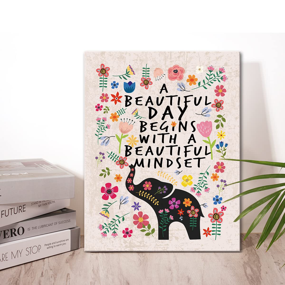 Inspirational Quotes Framed Canvas Wall Art - Motivational Gifts for Women, Girls, Friends & Sisters - Home Decor for Bedroom, Living Room - Flower Elephant Design - Perfect for Office, Nursery & Gift Giving
