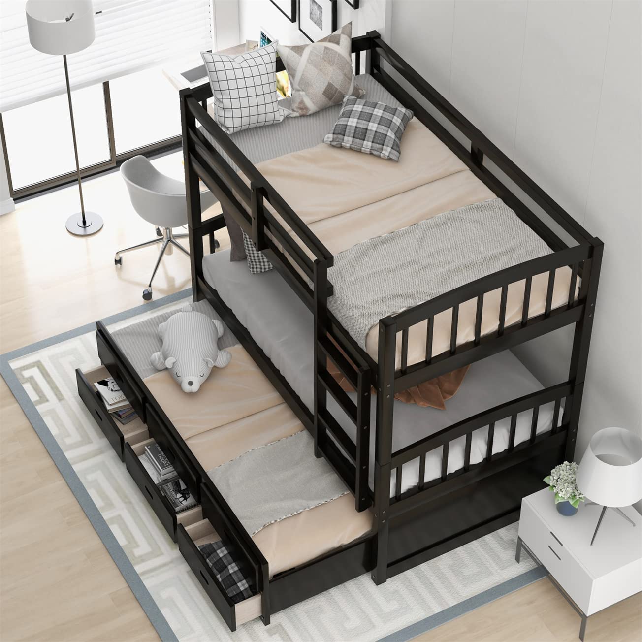 Solid Wood Twin Bunk Bed with Storage & Trundle - Heavy Duty for Kids & Adults (Espresso) - Perfect for Small Spaces & Guest Rooms