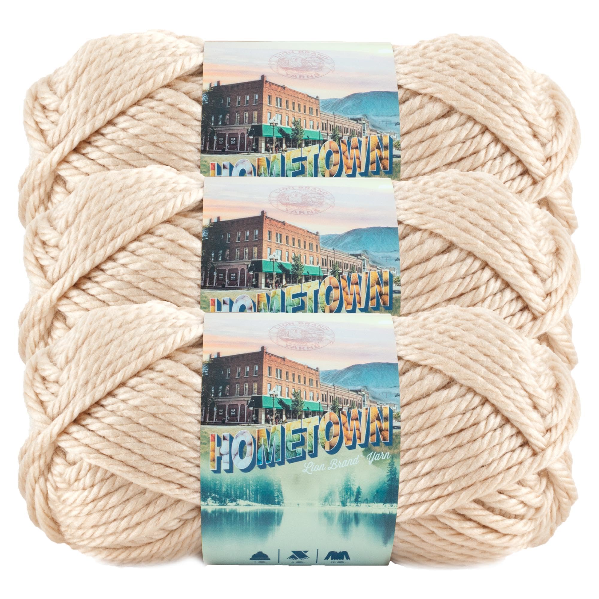 Lion Brand Yarn Hometown Super Bulky Yarn - 3 Pack (Los Angeles Tan) - Premium Knitting & Crochet Yarn for Blankets, Scarves & DIY Crafts - Perfect for Winter Projects & Handmade Gifts