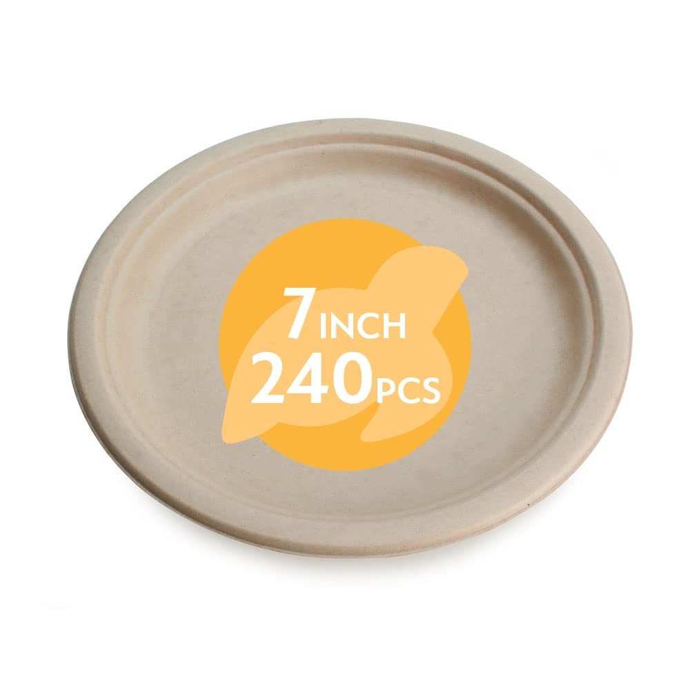 Eco-Friendly 100% Compostable Bamboo Paper Plates 7 Inch (240 Pack) - Biodegradable & Sturdy Small Dessert Plates for Parties, Picnics, BBQs & Events - Heavy-Duty Unbleached Disposable Plates by Earth's Natural Alternative
