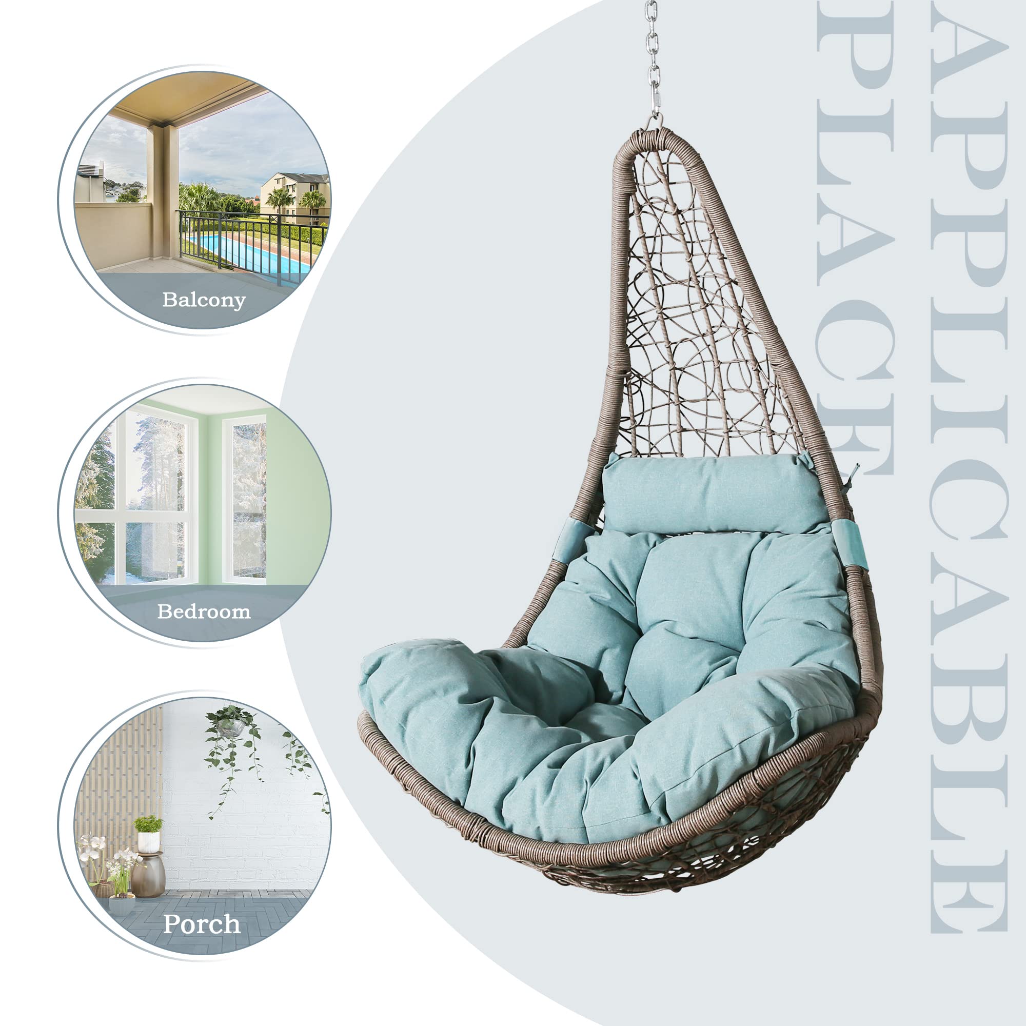 Outdoor Hanging Egg Chair - Wicker Swing Hammock with Cushion & Pillow for Patio, Garden, Balcony or Bedroom - Turquoise Boho Lounge Chair for Relaxing & Reading
