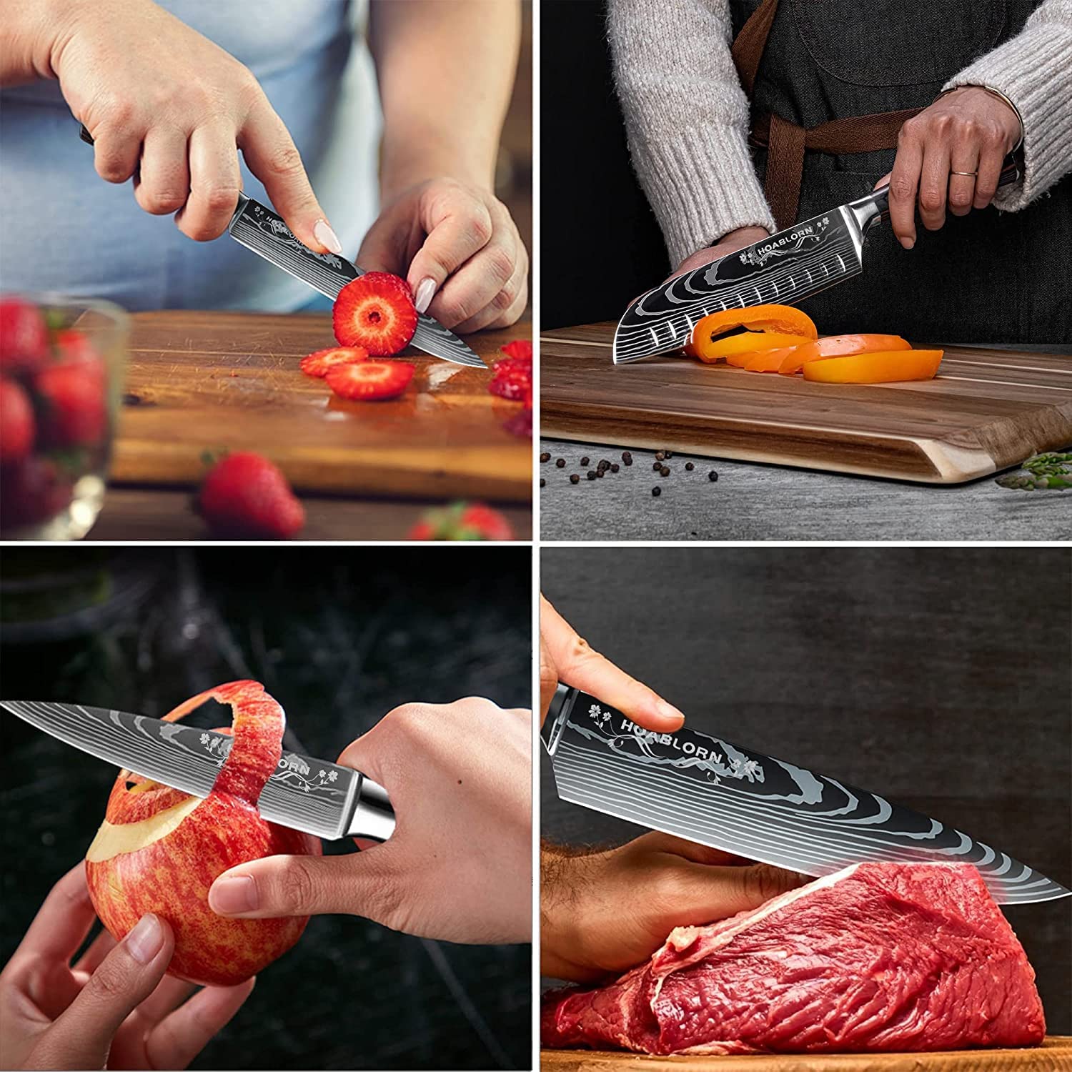 HOABLORN Luxury 19-Piece Magnetic Knife Block Set - Damascus German Stainless Steel Kitchen Knives with Acacia Wood Holder - Perfect for Professional Chefs & Home Cooking Enthusiasts - Ideal for Meal Prep, Slicing, Dicing & Gourmet Cooking