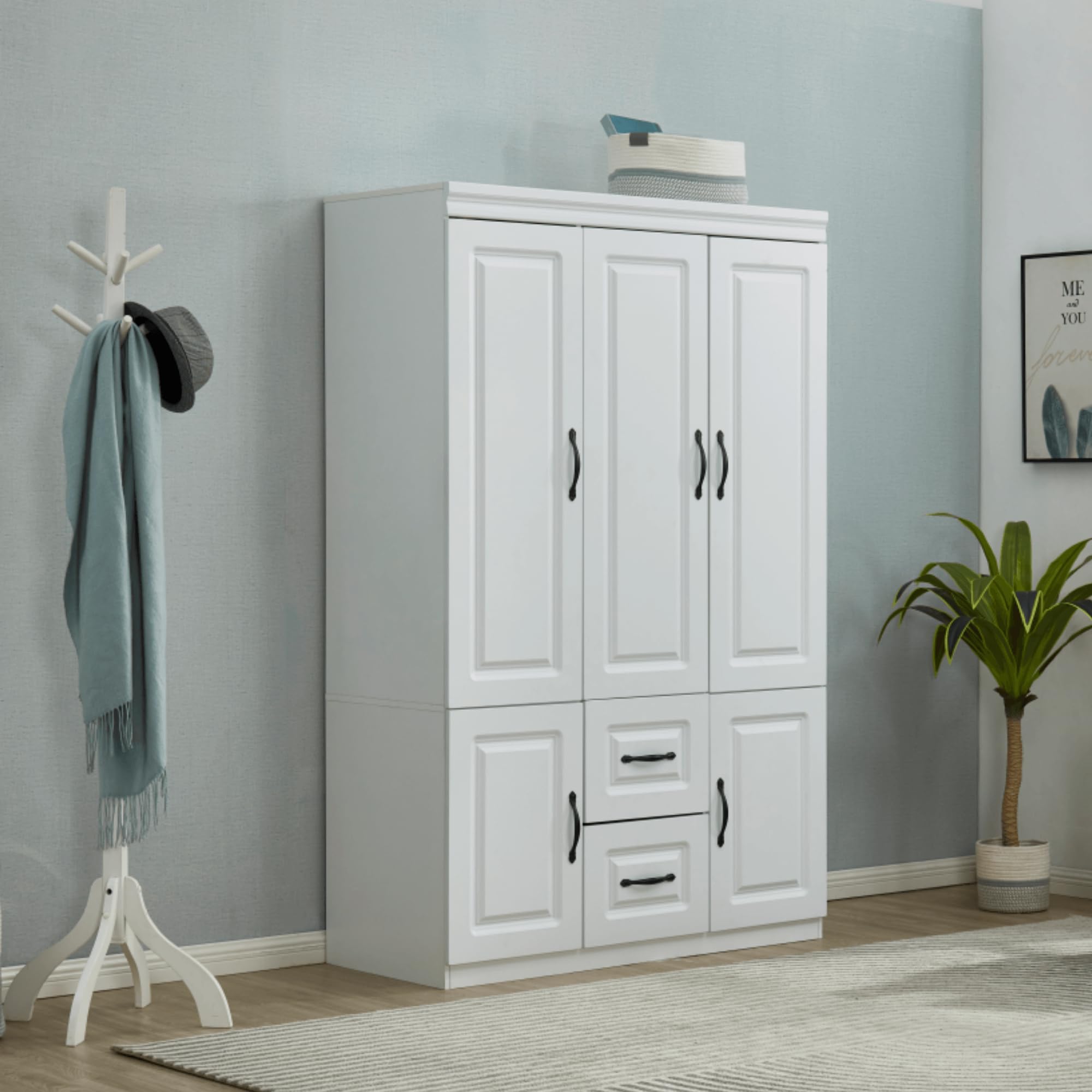 3-Door Wardrobe Closet - Large Freestanding Armoire Cabinet with Hanging Rod & Shelves, White Wooden Bedroom Storage Organizer (47.3