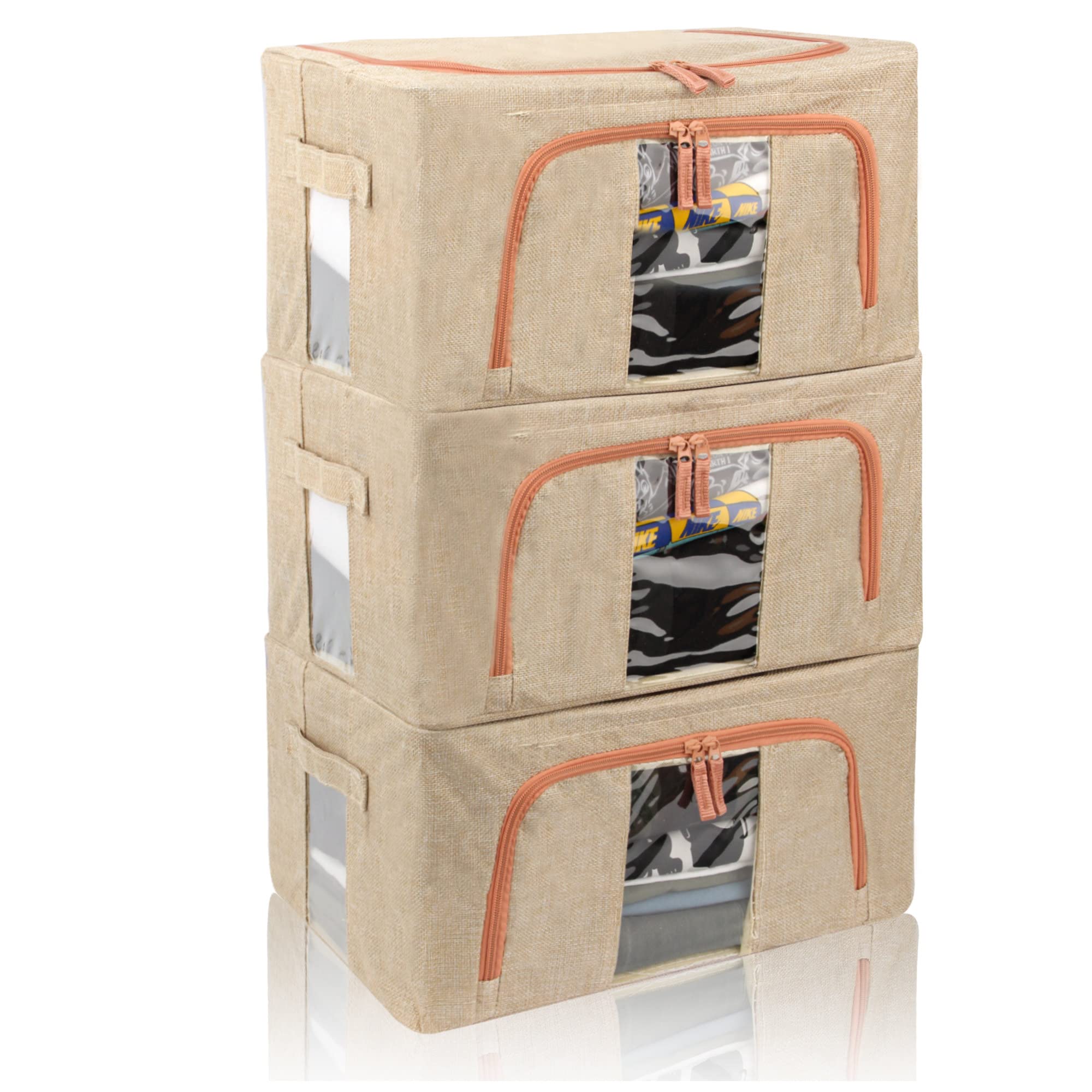 3-Pack 22L Foldable Clear Window Clothes Storage Bins - Stackable Linen Fabric Organizer with Steel Frame for Closet, Bedroom & Travel - Perfect for Sweaters, Beddings & Seasonal Clothing Storage