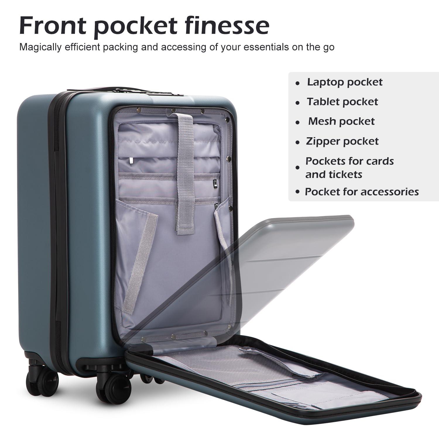 COOLIFE 20in ABS+PC Carry-On Luggage Suitcase with Spinner Wheels & Multiple Pockets - Lightweight Titanium Gray Hardshell Trolley for Air Travel, Business Trips & Weekend Getaways