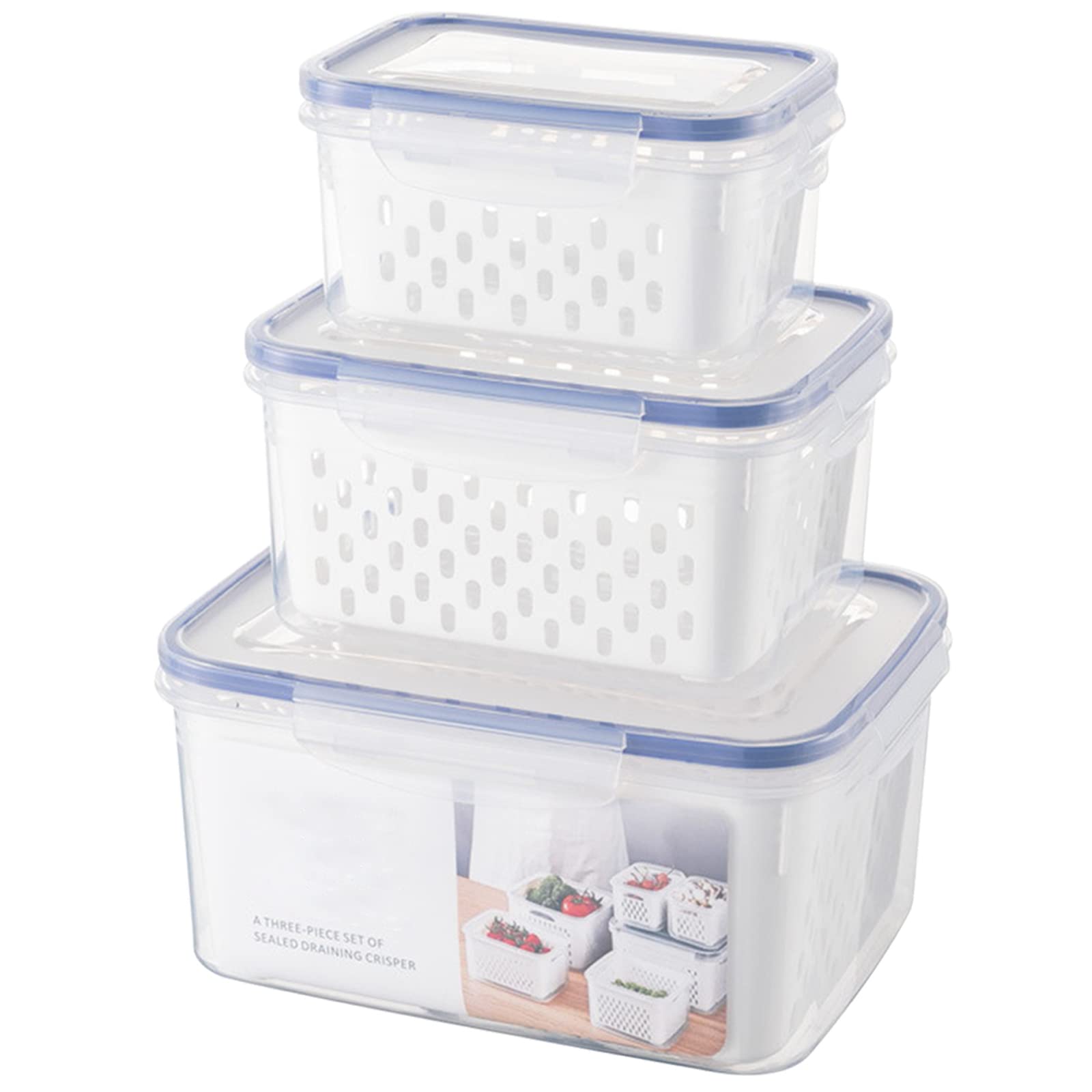 3-Piece BPA-Free Plastic Food Storage Containers with Lids & Removable Colander - Large Fridge Organizer for Fruits, Vegetables, Salad & Meat | Leakproof Kitchen Containers for Meal Prep & Leftovers Storage