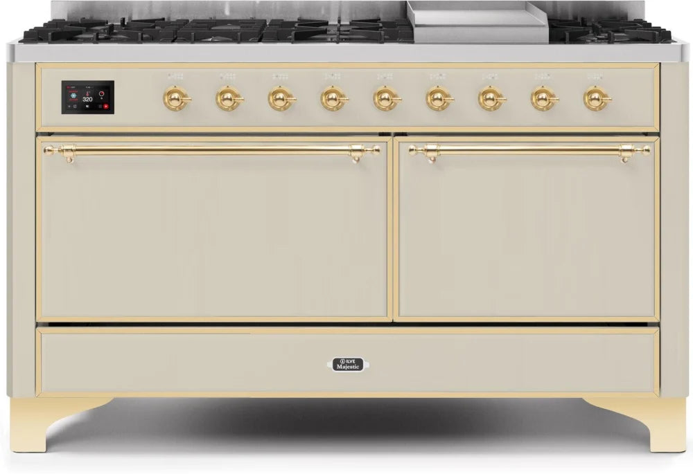 ILVE Majestic II 60-Inch Dual Fuel Range with Liquid Propane - Antique White & Brass Trim UM15FDQNS3AWGLP | Professional Gas Stove for Home Kitchen, Perfect for Baking, Roasting & Gourmet Cooking