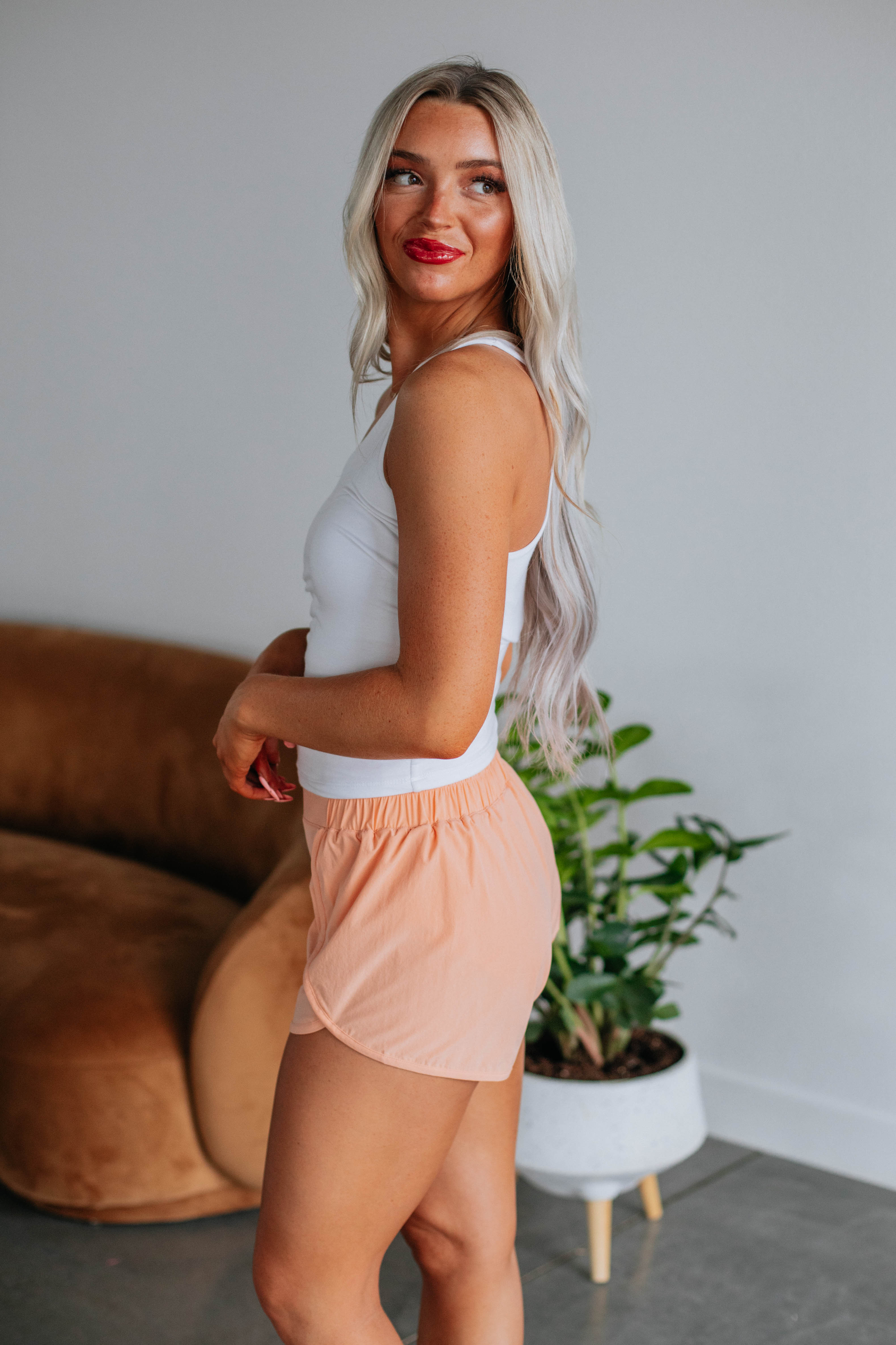 Erina Women's High Waisted Athletic Shorts - Soft Peach Color for Yoga, Running & Lounge Wear - Comfortable Workout Shorts for Gym & Casual Outfits