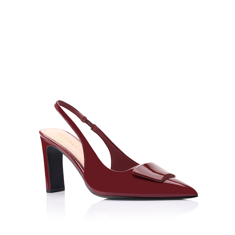 Konga Women's Slingback Block Heel Shoes - Wine Red Patent Leather Pumps for Work, Office & Special Occasions
