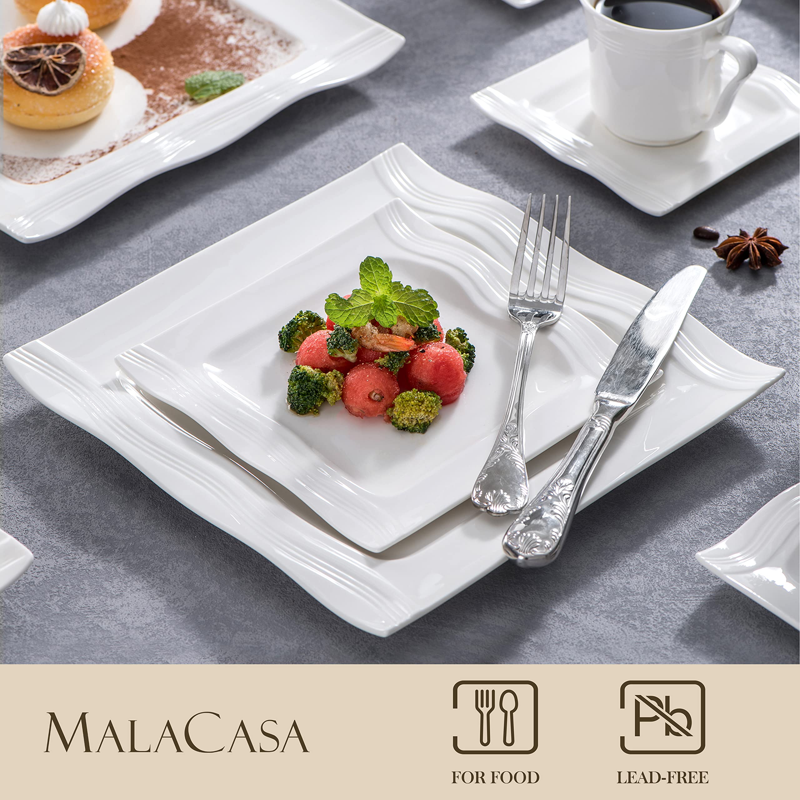 MALACASA 30-Piece Porcelain Dinnerware Set for 6 - Modern Ivory White Square Plates & Bowls Set Includes Dinner Plate, Dessert Plate, Soup Bowl, Cup & Saucer - Elegant Dishware for Dining, Restaurants, and Home Entertaining