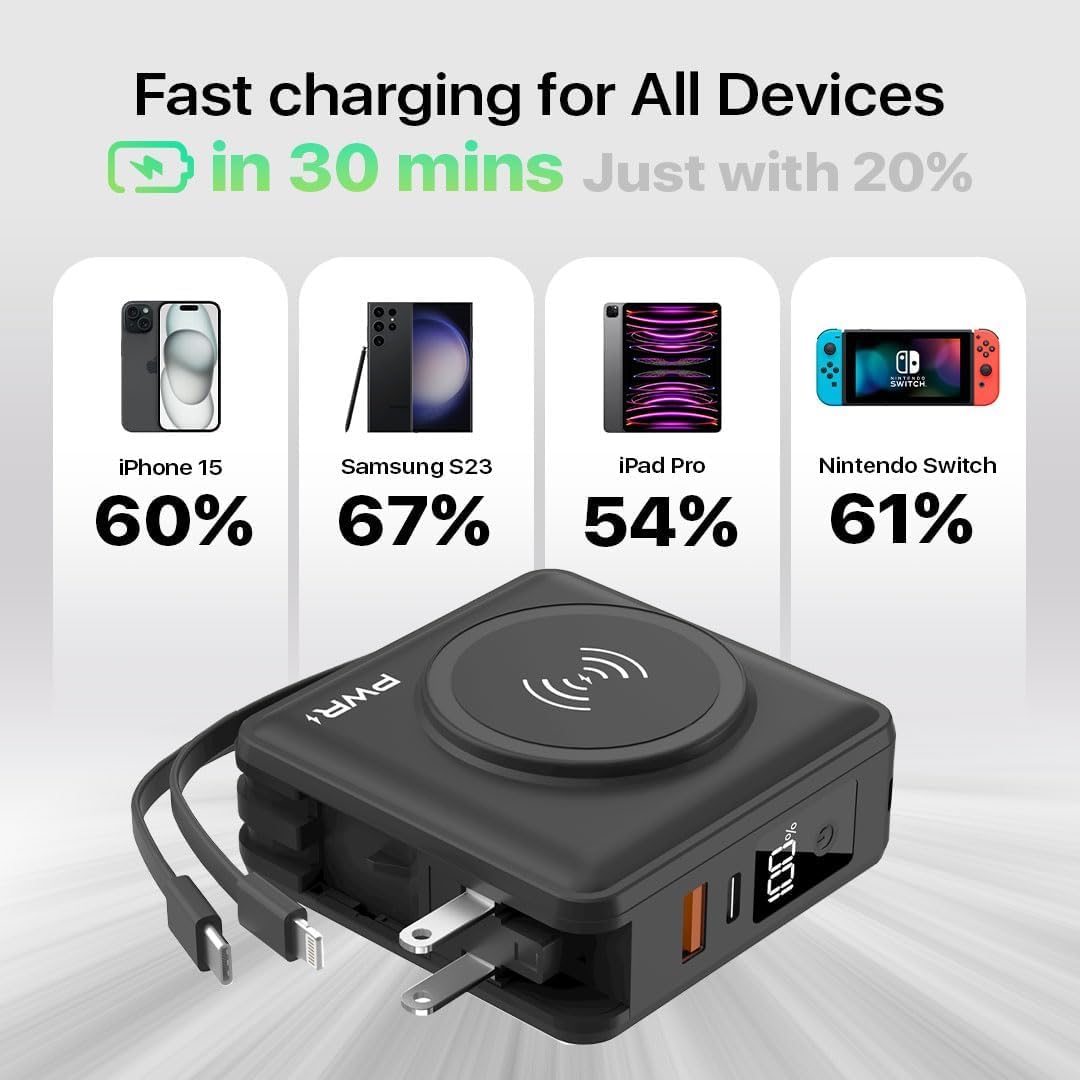 PWR Travel PRO 5-in-1 Power Bank 20W USB-C Fast Charging Portable Charger with 10,000mAh Battery - Wireless Charger & Lightning Compatible - Perfect for Travel, Camping & Emergency Power Backup