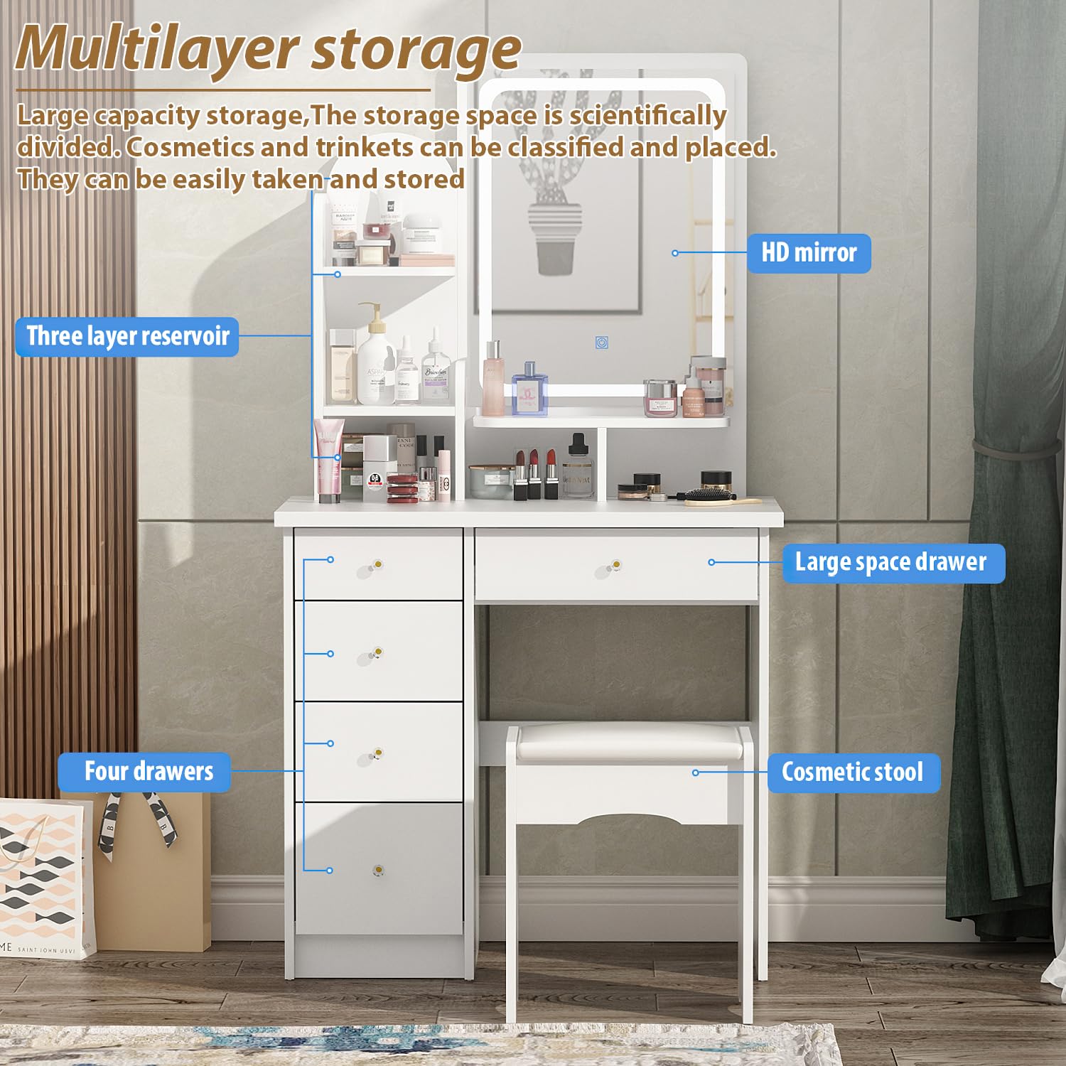 FUFU&GAGA White Vanity Set with LED Lighted Mirror - 5-Drawer Makeup Dressing Table, Storage Shelves & Cushioned Stool - Perfect for Bedroom, Dorm Room or Beauty Salon (B White/Lighted Mirror)