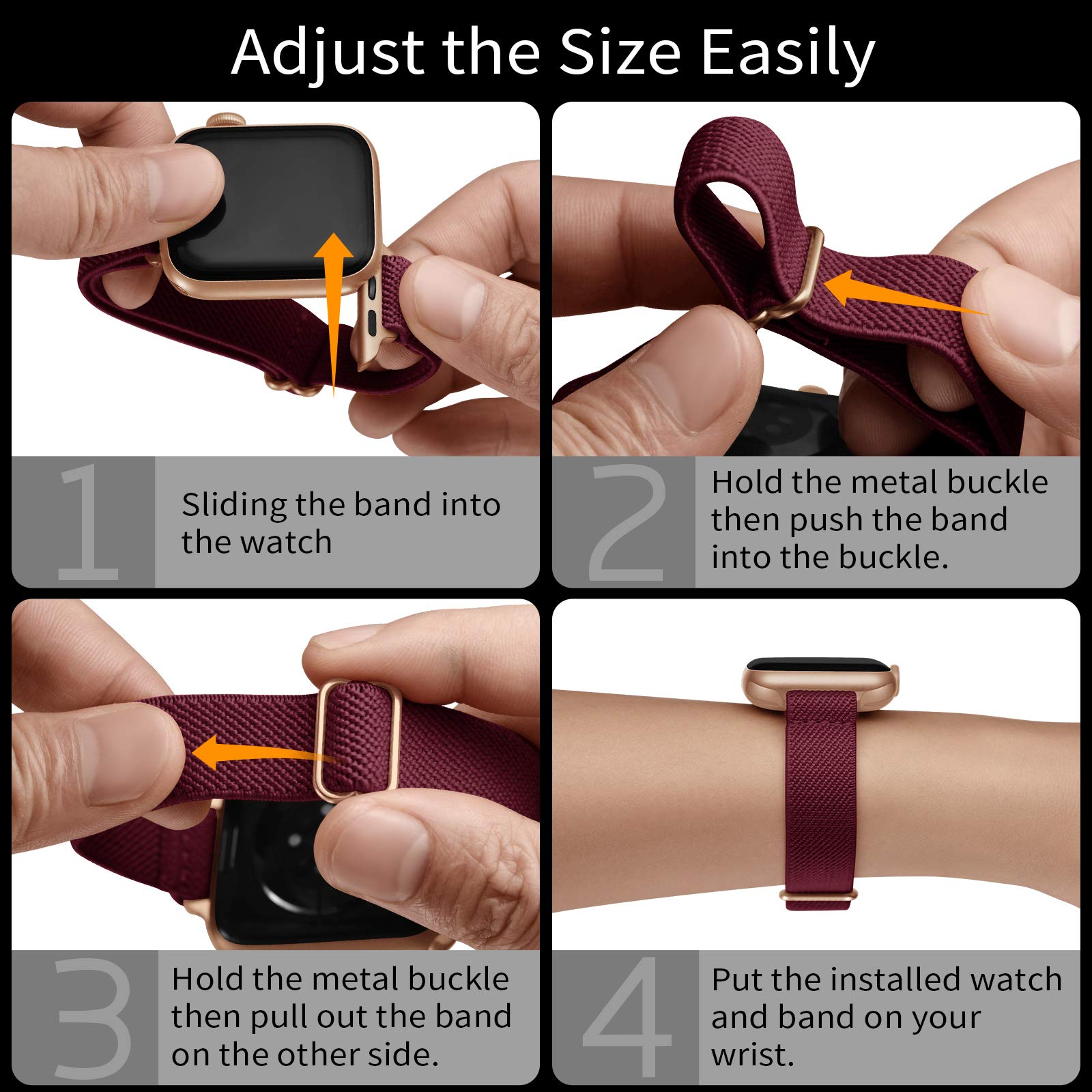 SICCIDEN Slim Stretchy Apple Watch Bands 38mm/40mm/41mm/42mm/44mm/45mm/46mm/49mm - Elastic Nylon Thin Strap Compatible with iWatch Ultra 2/1, SE & Series 10/9/8/7/6/5/4/3/2/1 - Women's Fashion Sport Band (Wine Red/Rose Gold) - Perfect for Workouts, Running & Everyday Wear
