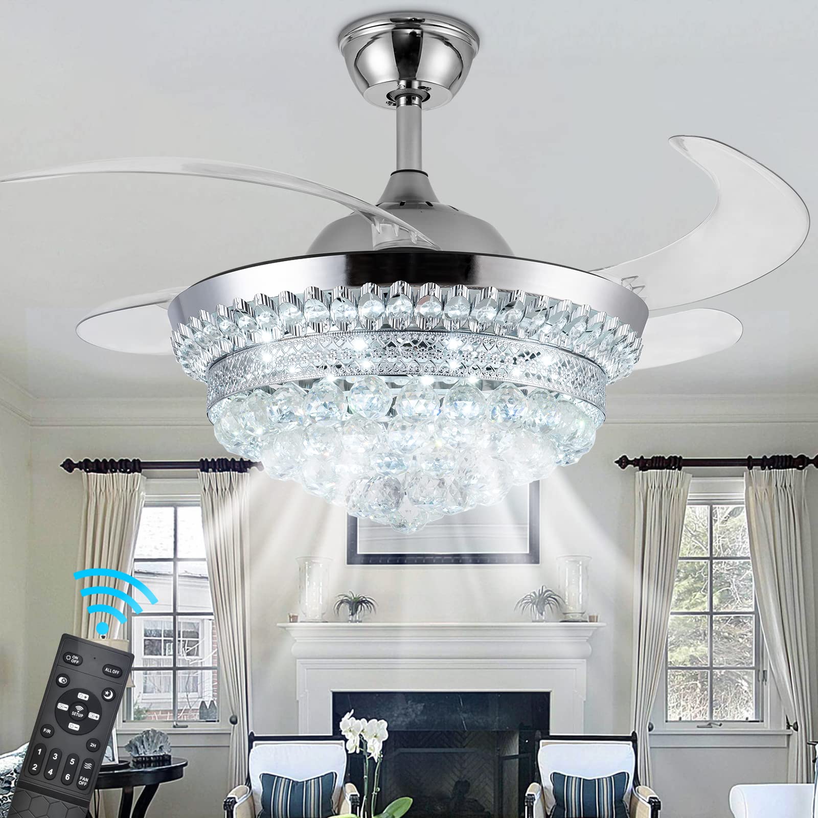 42 Inch Modern Crystal Ceiling Fan with Light & Remote Control - Dimmable Chandelier Fan, 6 Speed Settings, 4 Retractable ABS Blades - Perfect for Bedroom, Living Room, Dining Room & Home Office Decor