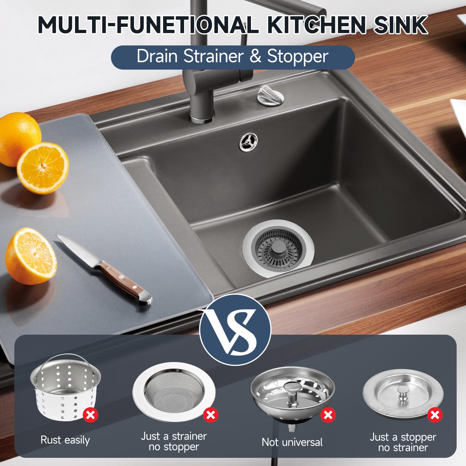 Upgraded 3-in-1 Stainless Steel Kitchen Sink Drain Strainer & Stopper Combo - Fits US Standard 3.5