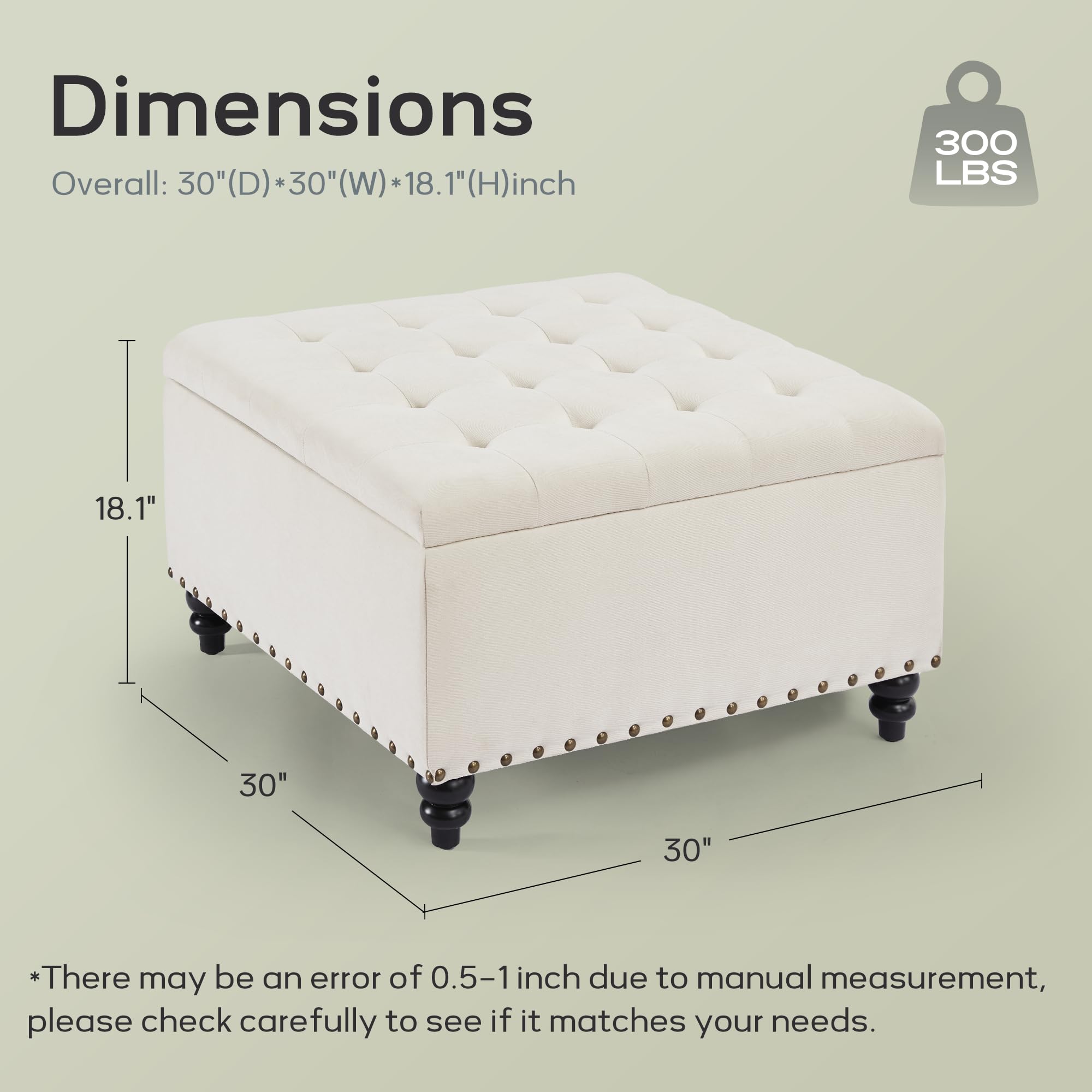 HUIMO Square Storage Ottoman - Multifunctional Coffee Table with Hidden Storage for Living Room, Bedroom, or Office (Beige) - Perfect for Extra Seating, Footrest, and Home Organization