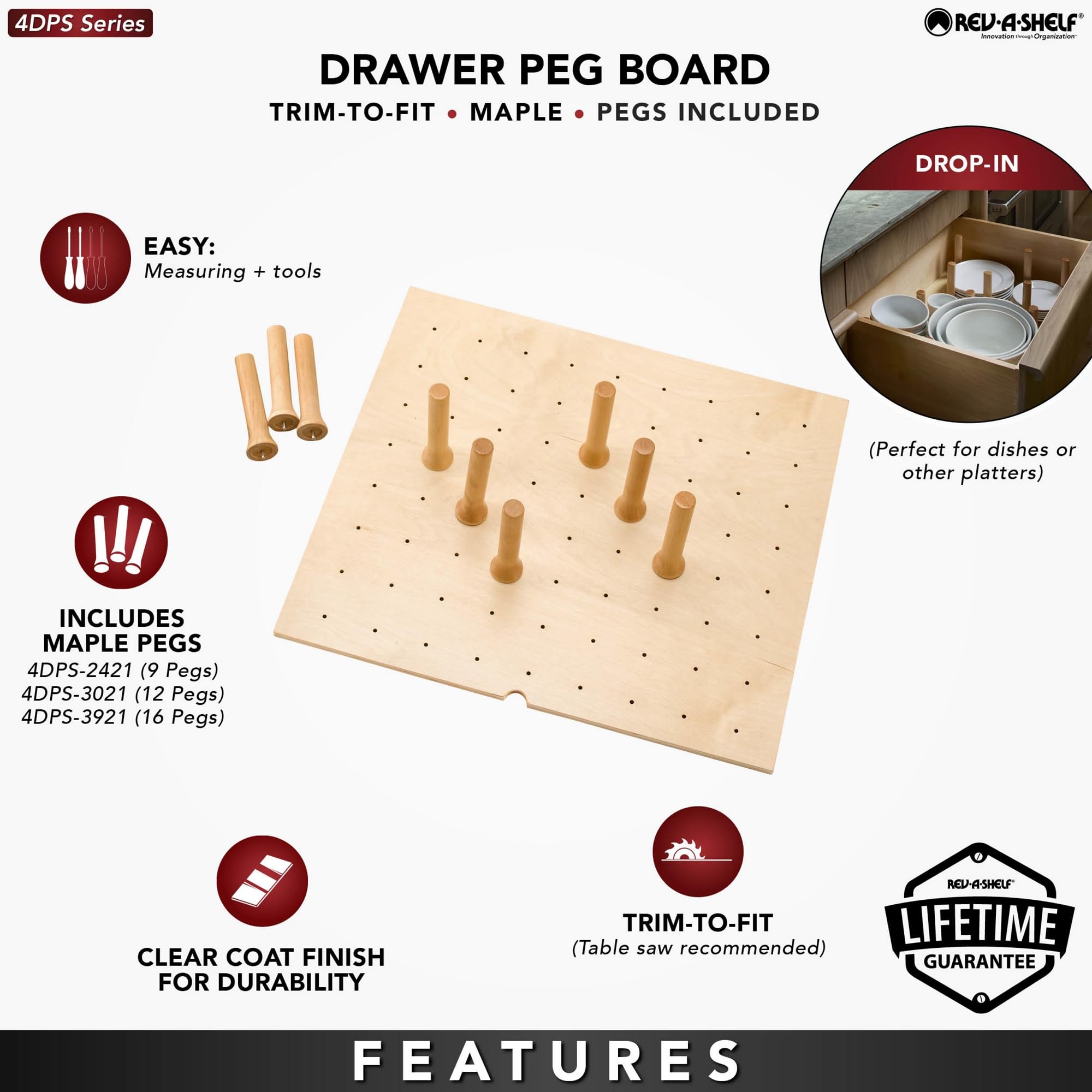 Rev-A-Shelf Adjustable Pegboard Drawer Organizer - Customizable Wooden Kitchen Cabinet Storage for Utensils, Pots & Dishes - 30