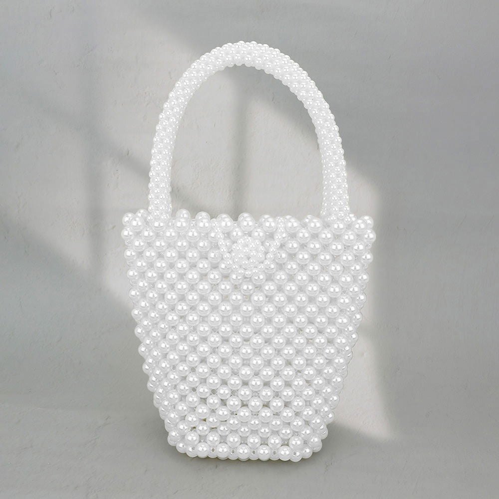 Elegant Rhodium White Pearl Bucket Handbag for Women - Stylish Evening Clutch, Wedding Accessory & Party Purse