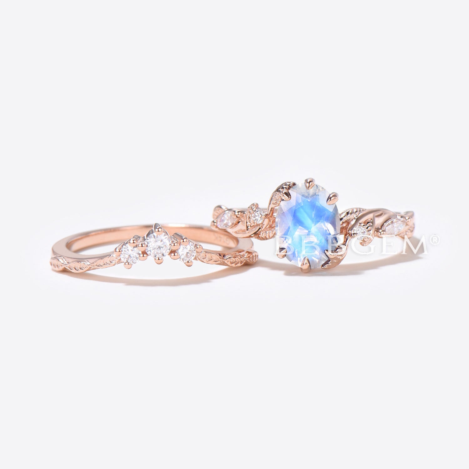 Oval Cut Moonstone Engagement Ring in Rose Gold with Leaf Diamond Accents - Perfect for Bridal Sets, Wedding Bands & Romantic Proposals