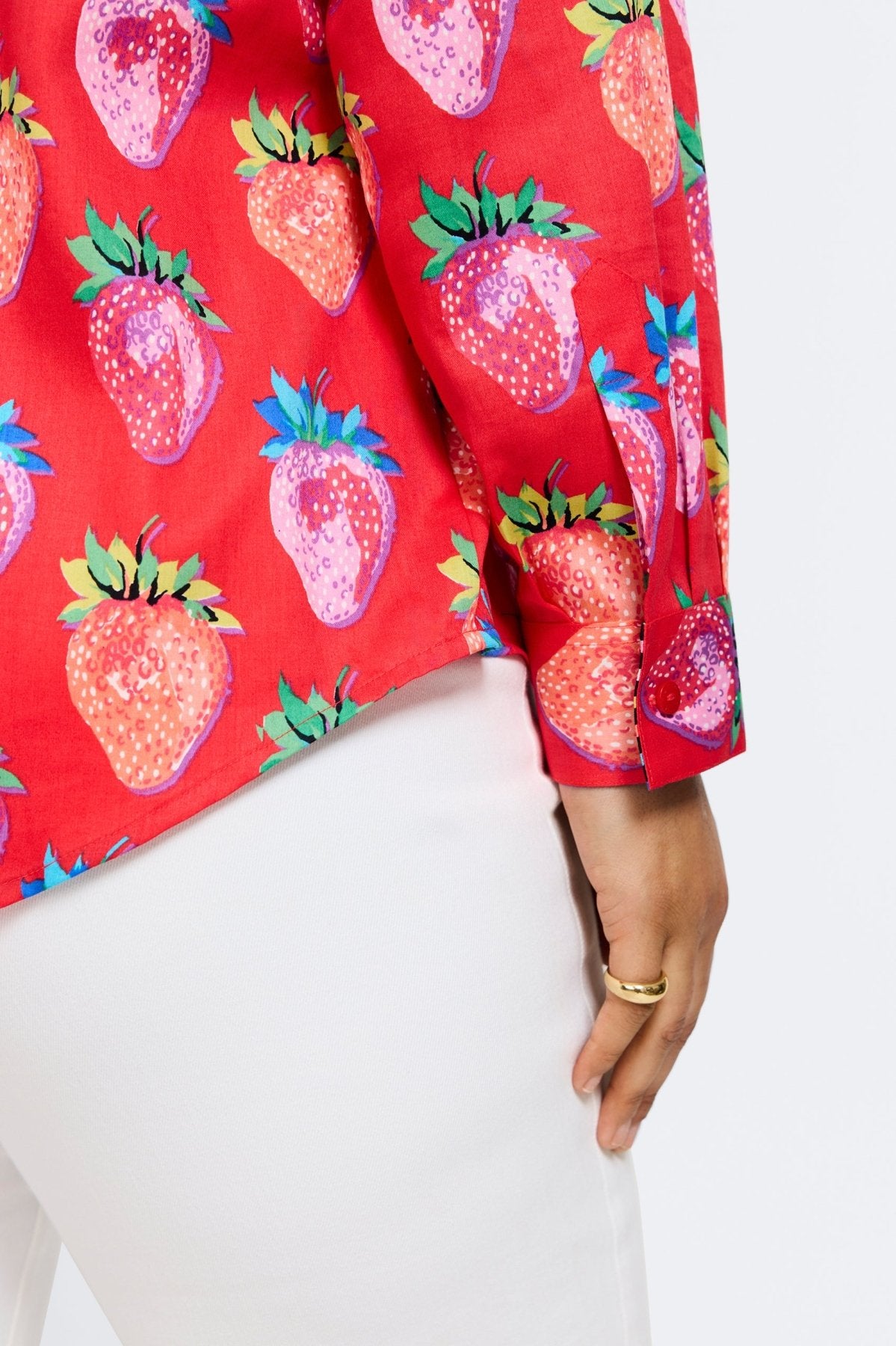 Charlie Plus Strawberry Delight Long Sleeve Shirt for Women - Soft Cotton Casual Tops - Cute Strawberry Print Blouse for Spring, Summer, Fall Fashion - Perfect for Date Night, Office Wear & Weekend Outfits
