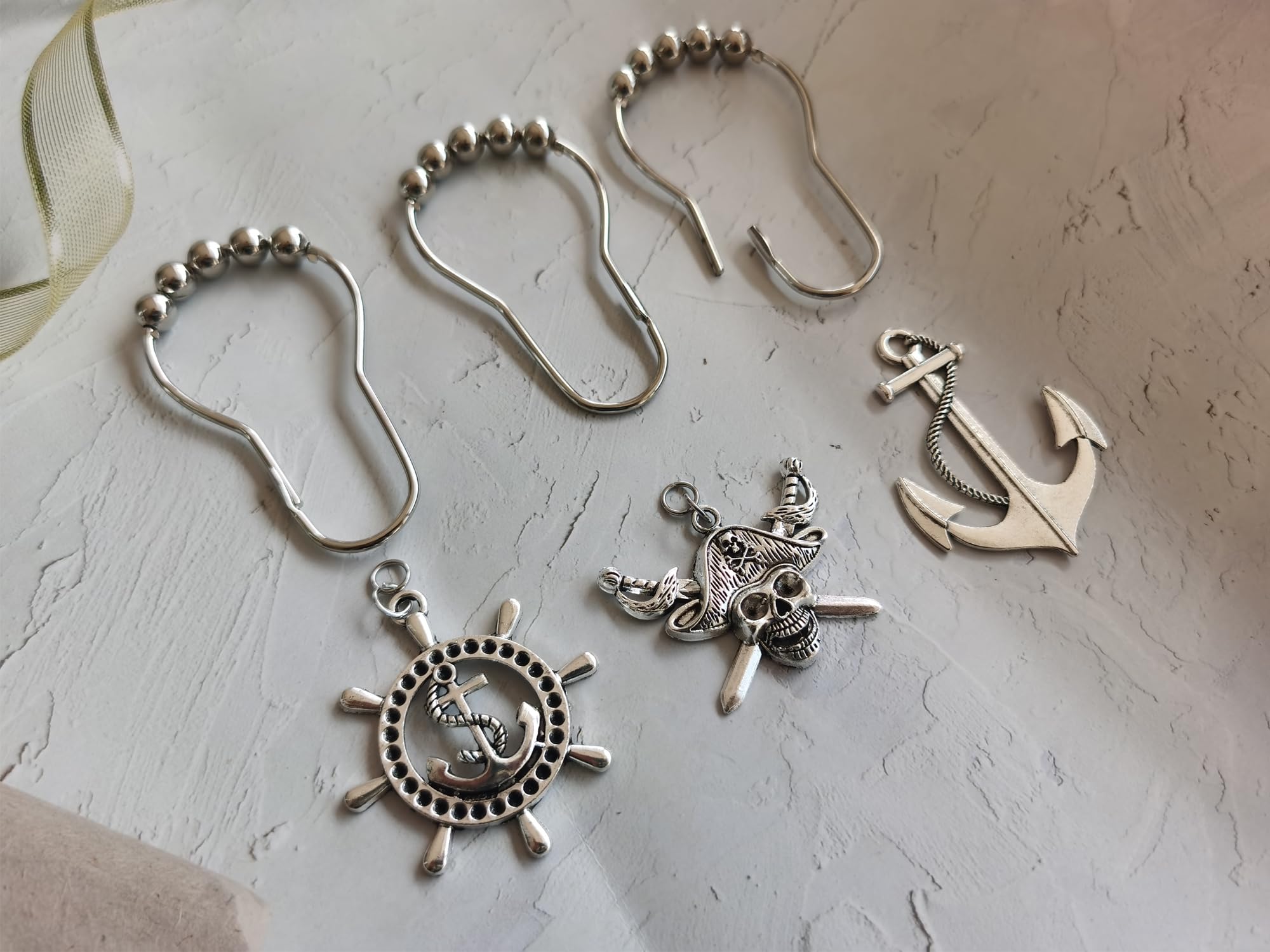 Pirate Skull Anchor Shower Curtain Hooks Set - Silver Metal Decorative Bathroom Accessories with Nautical Theme for Coastal, Beach & Ocean Inspired Bathroom Decor | Perfect for Tropical, Marine & Pirate Style Bathrooms