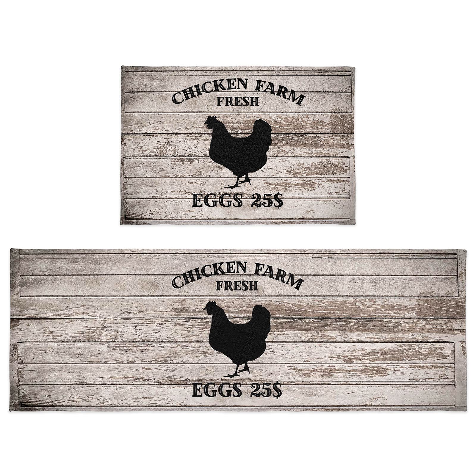 Farmhouse Chicken Eggs Kitchen Rugs and Mats Set of 2 - Non-Slip Absorbent Plush Shaggy Floor Carpet for Kitchen, Laundry, Bedroom & Home Decor - Vintage Wooden Board Design with Cushioned Pad