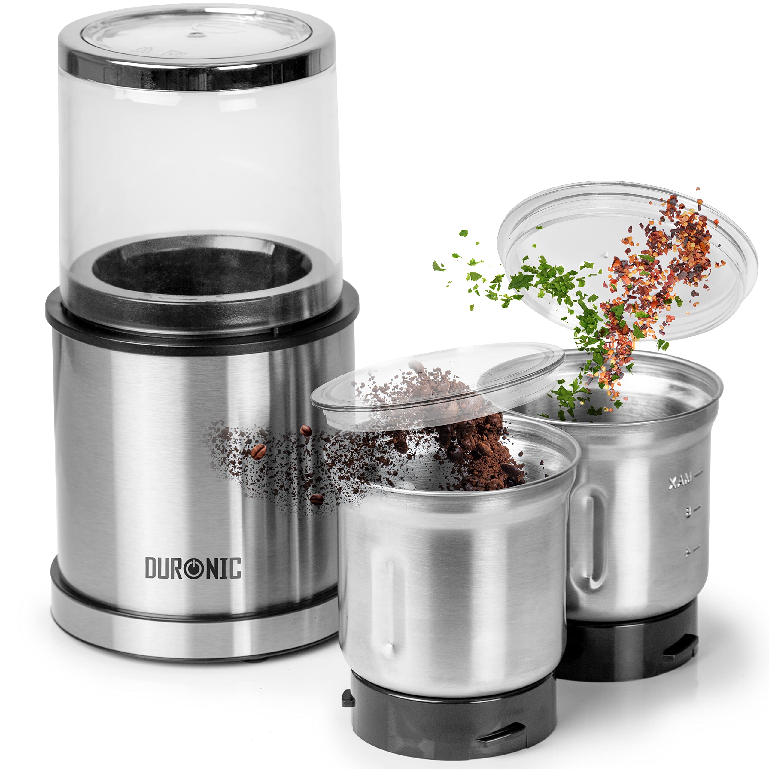 Duronic Electric Blade Coffee Grinder CG421 - 200W 2-in-1 Spice & Coffee Grinder with 75g/220ml Capacity, Stainless Steel Cups for Beans, Herbs, Nuts - Perfect for Home Kitchen, Coffee Shops & Camping Use