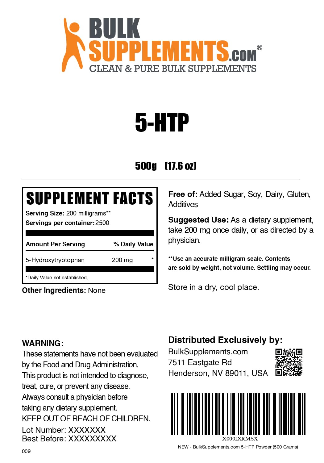 BulkSupplements.com 5-HTP Powder 200mg - 5-Hydroxytryptophan Mood Support Supplement, Gluten Free, 500g (1.1 lbs) - Promotes Relaxation & Better Sleep, Ideal for Stress Relief & Emotional Balance