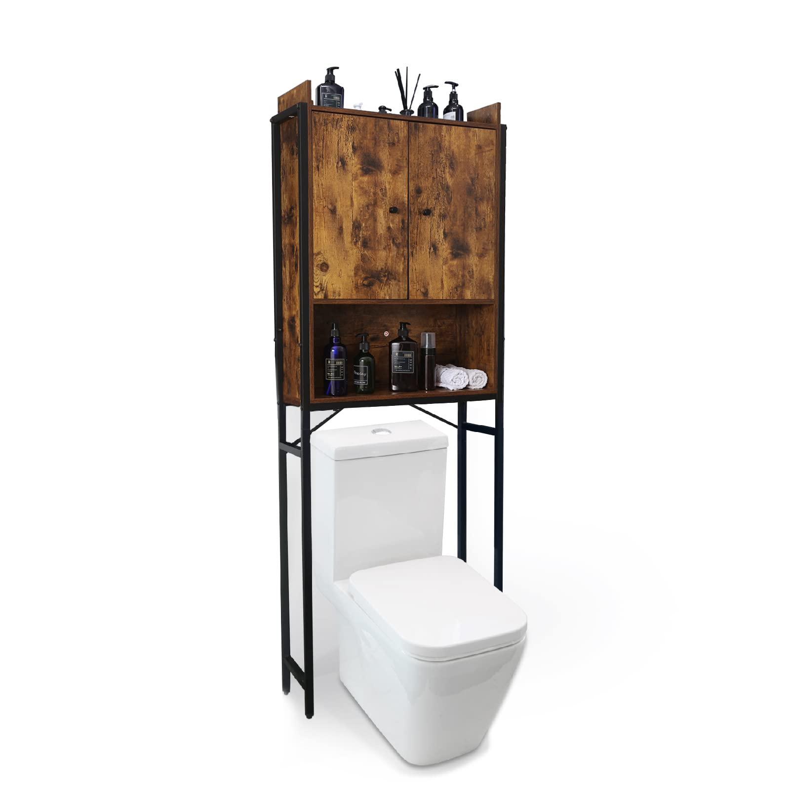 Over The Toilet Storage Cabinet - 2-Door Bathroom Organizer with Cupboard & Metal Frame | Rustic Brown & Black Wooden Shelf | Space-Saving Behind Toilet Rack | Easy Assembly | Perfect for Small Bathrooms, Apartments & Powder Rooms