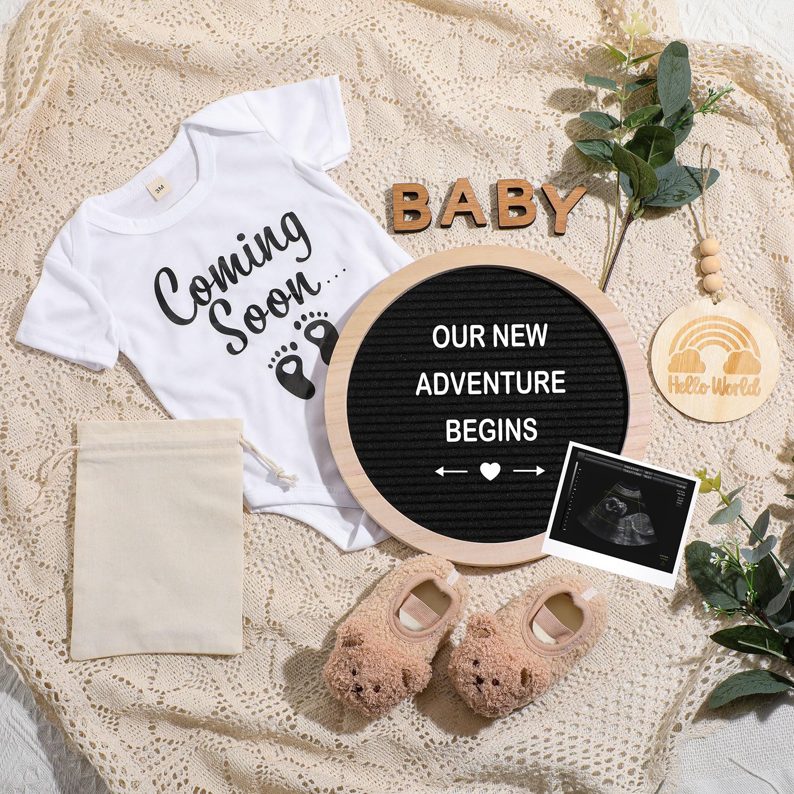 8-Piece Pregnancy Announcement Set - Felt Letter Board, Round Sign, Baby Bodysuit, Booties & Wooden Blocks for Gender Reveal & Baby Shower (Black) | Perfect for Social Media Announcements, Maternity Photos & New Parent Gifts