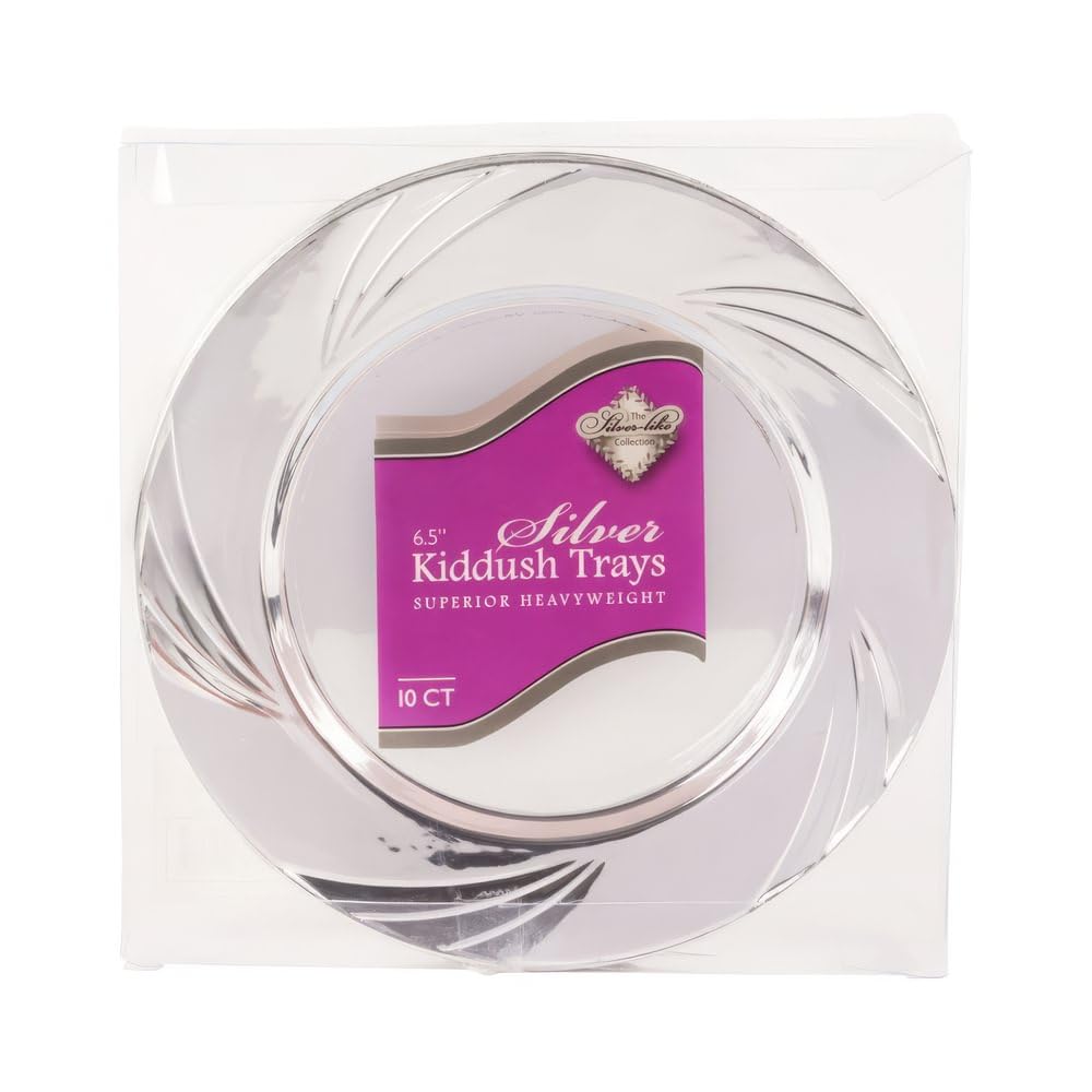 Premium Disposable Kiddush Trays 6.5 Inch (10 Pack) - Elegant Silver Plastic Plates for Jewish Holidays, Heavy Duty Disposable Dinnerware - Perfect for Shabbat Meals, Synagogue Events, and Kosher Celebrations