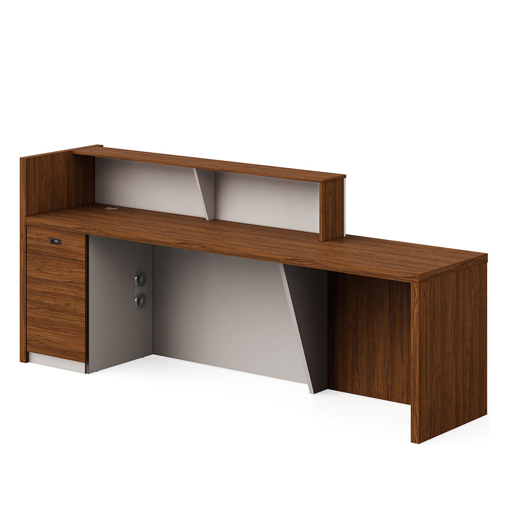 KNOX 240cm Left Panel Walnut Reception Desk - Modern Office Furniture for Hotels, Clinics, and Corporate Lobbies