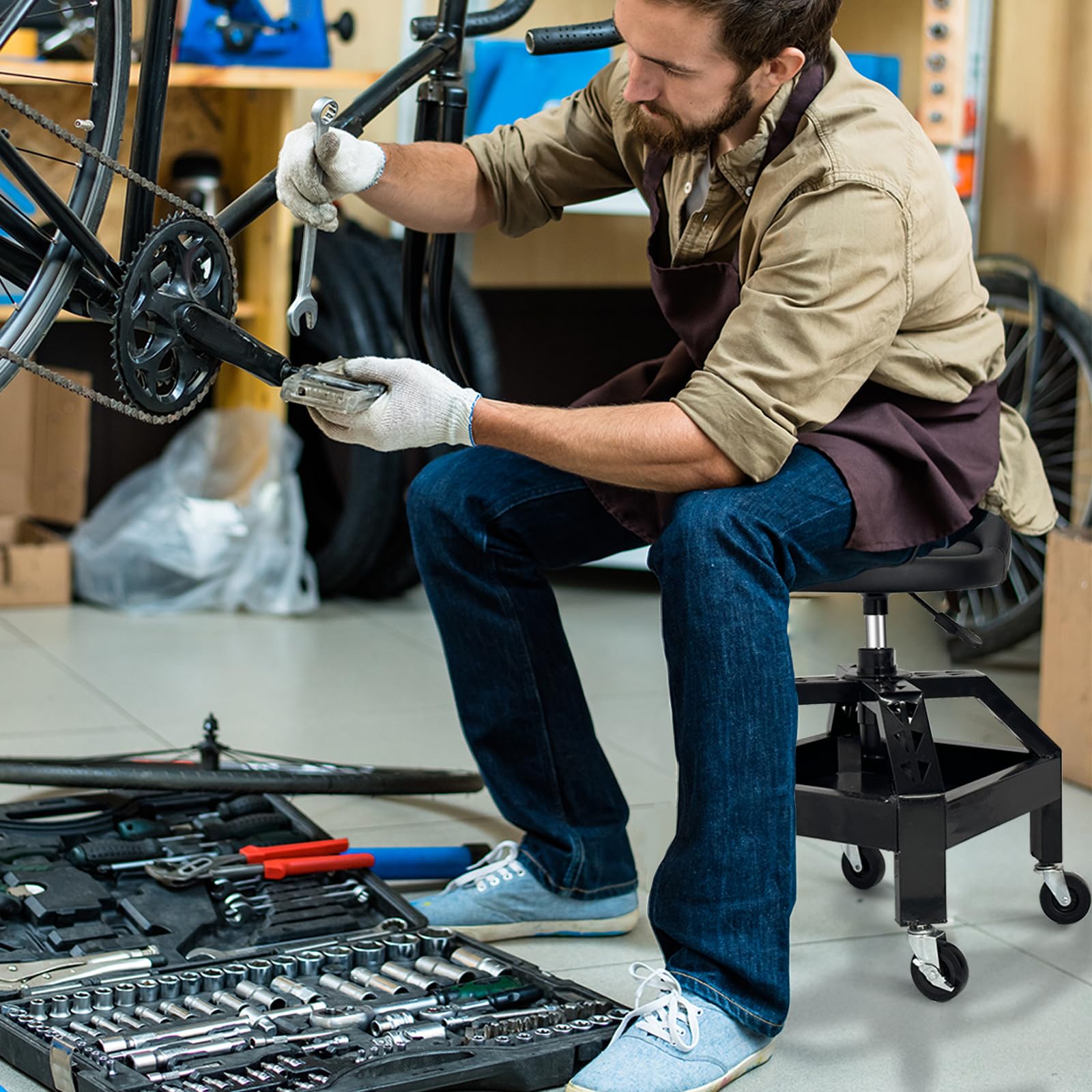 Heavy Duty Adjustable Rolling Mechanic Stool with Lockable 360° Wheels & Tool Tray - 350 Lbs Capacity Garage Shop Rolling Seat for Mechanics, DIY Enthusiasts - Perfect for Auto Repair, Workshop & Home Garage Use