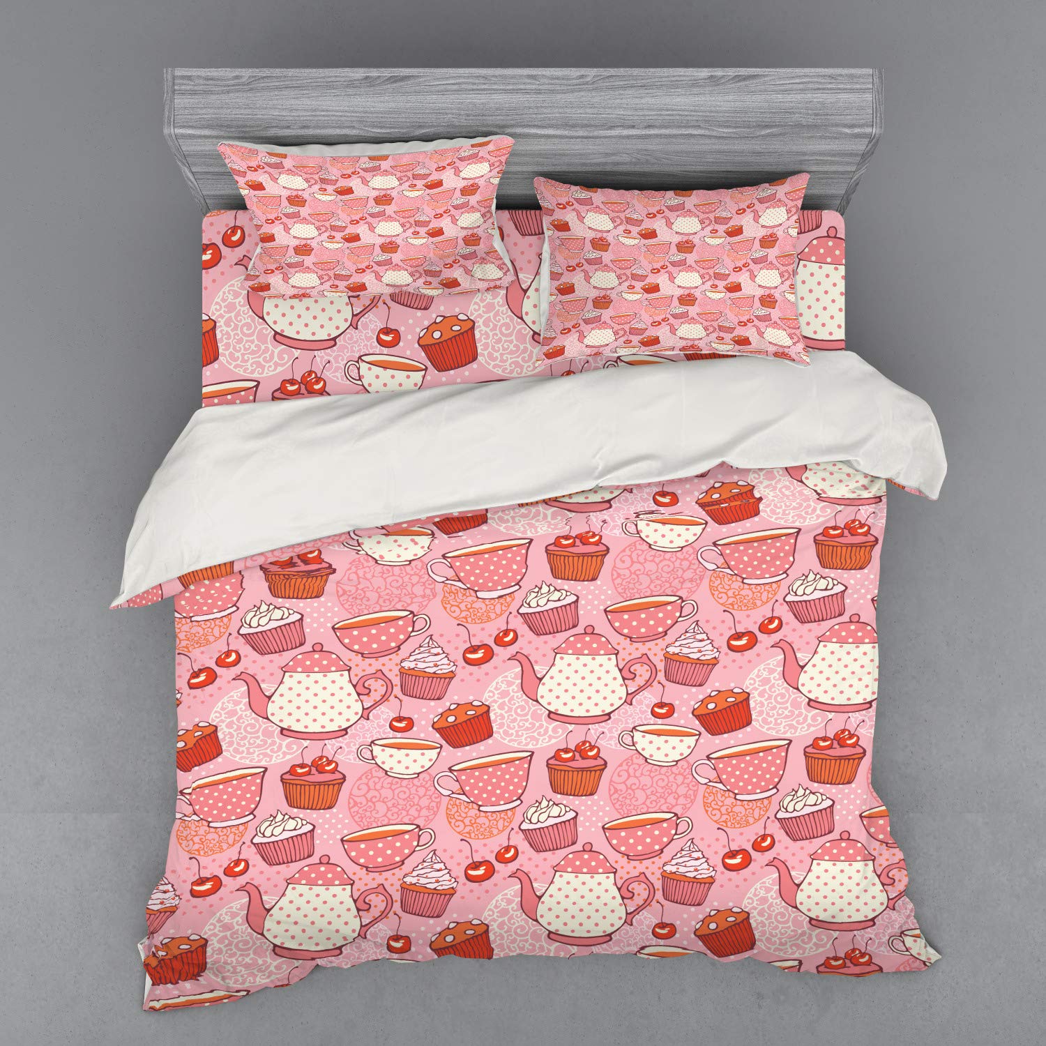 Ambesonne Cartoon Bedding Set - 4 Piece Duvet Cover Set with Shams & Fitted Sheet, King Size, Pink Orange Red Teapot Cup Polka Dot Cherry Cake Tea Coffee Pattern - Perfect for Kids Rooms, Guest Bedrooms & Themed Decor