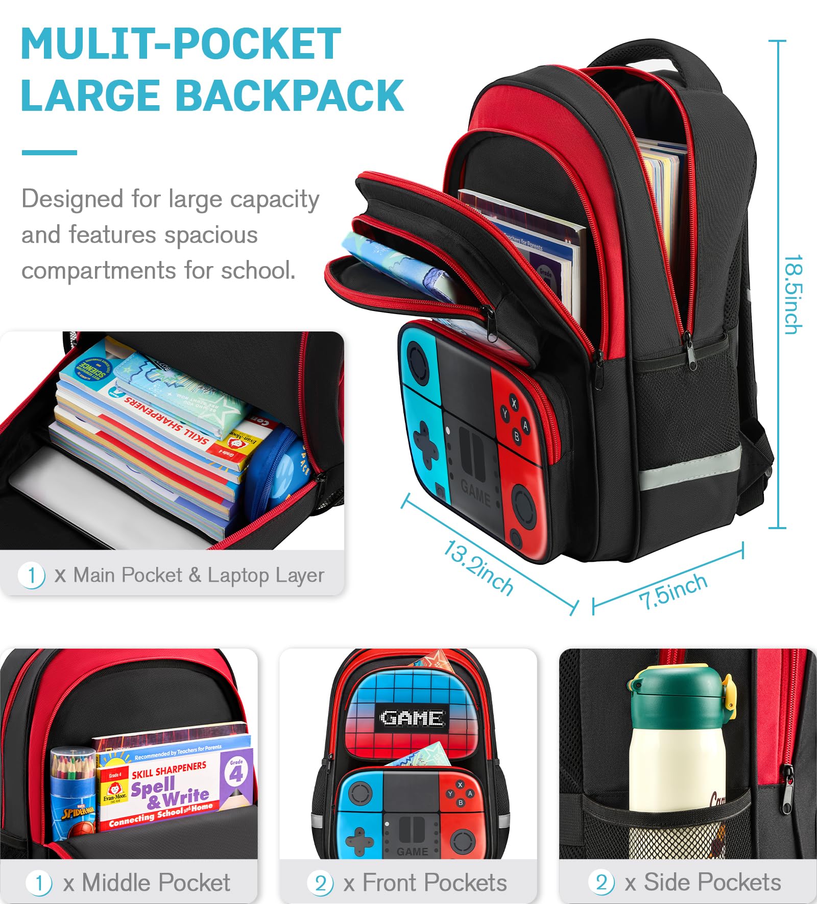 17 Inch Gamer Backpack for Boys - Durable School Bookbag for Kids & Students, Elementary to Middle School - Perfect for Gaming, School, Travel & Daily Use