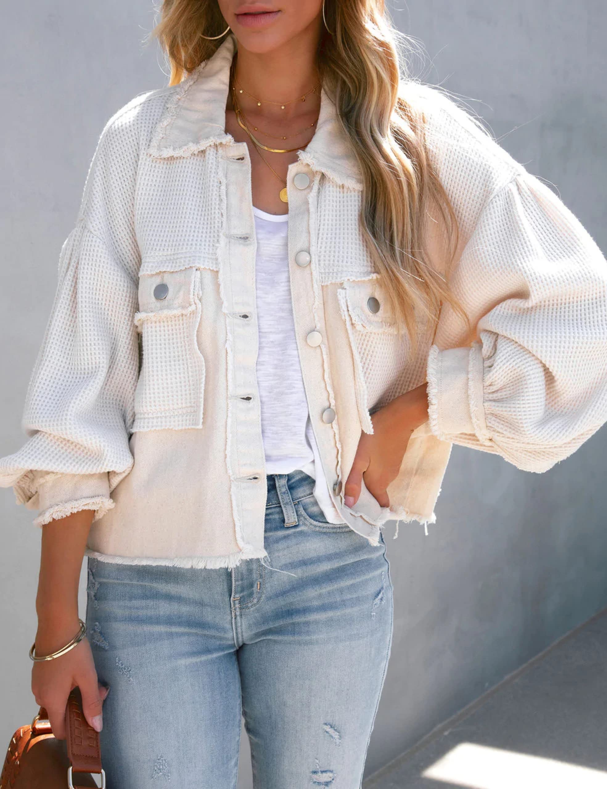 Women's Frayed Hem Waffle Knit Denim Jacket - Cropped Boyfriend Style Button Down Shirt Jacket with Spliced Design | Casual Outfits, Streetwear & Layering Essential