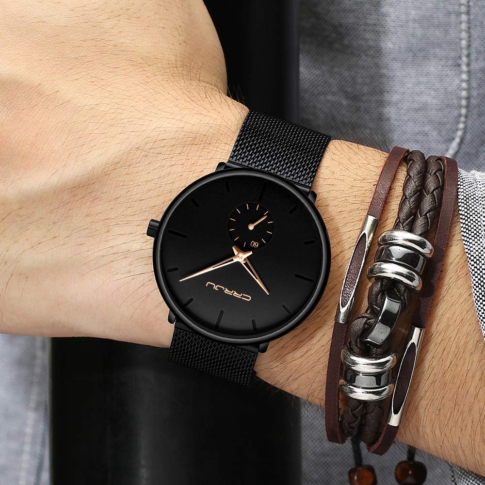 CRRJU Men's Business Slim Analog Quartz Watch with Date Display - Black Dial & Mesh Bracelet Strap - Perfect for Office, Formal Events & Professional Wear