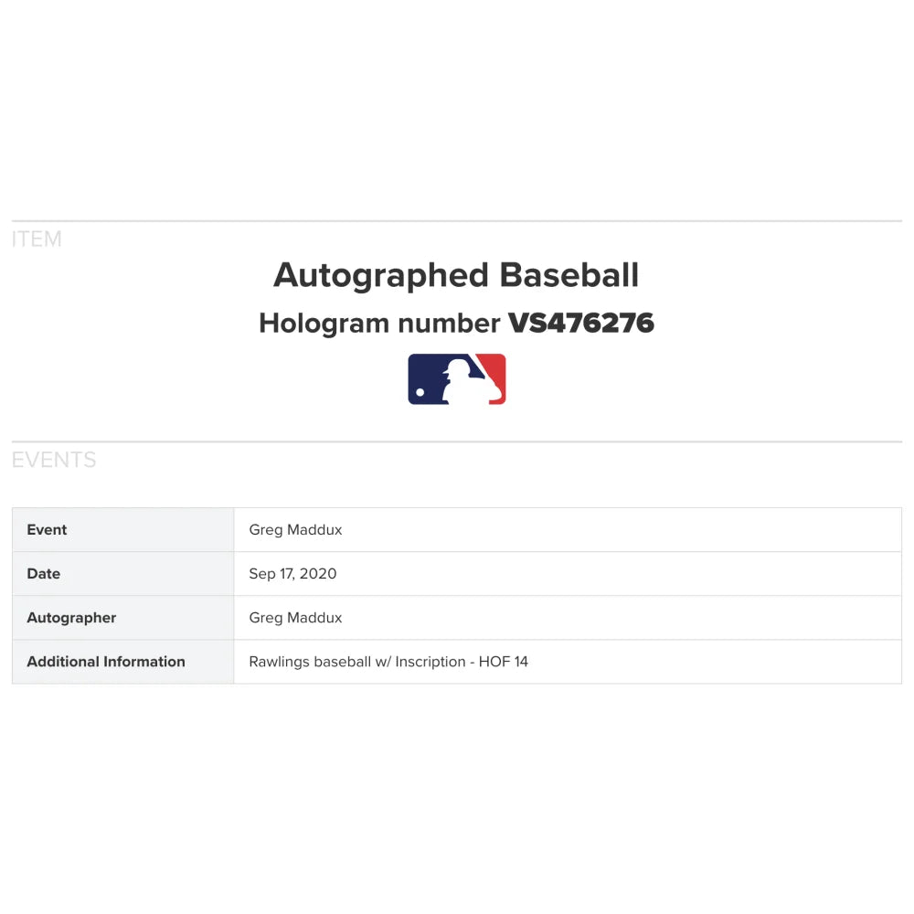 Greg Maddux Autographed Baseball - HOF 14 Inscription with MLB Authentication COA | Official Major League Baseball | Collectible Memorabilia for Sports Fans & Display Cases