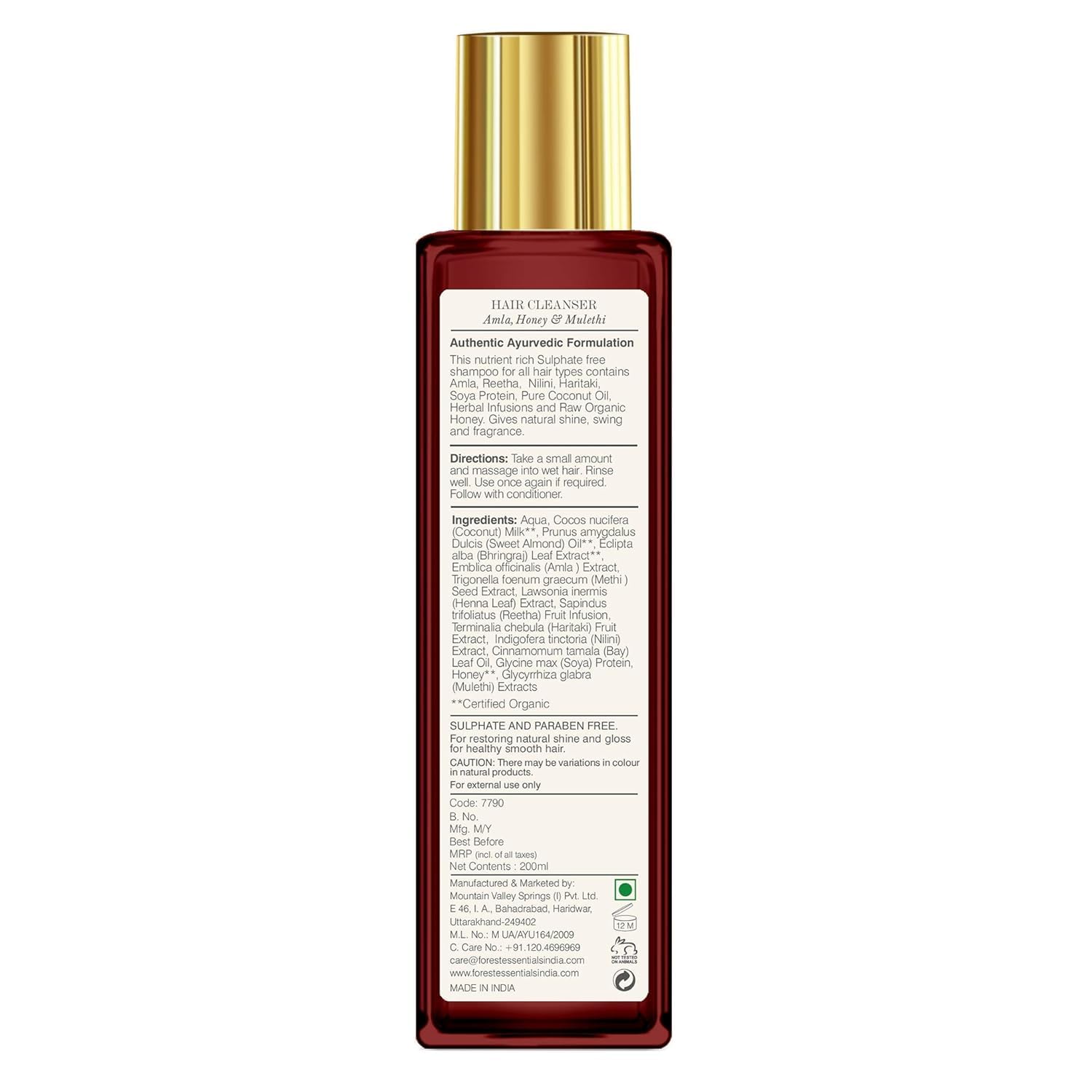 Forest Essentials Hair Cleanser with Amla, Honey & Mulethi - 200ml Shampoo & Conditioner Combo for Dry & Damaged Hair - Natural Ayurvedic Hair Care for Daily Use at Home or Travel