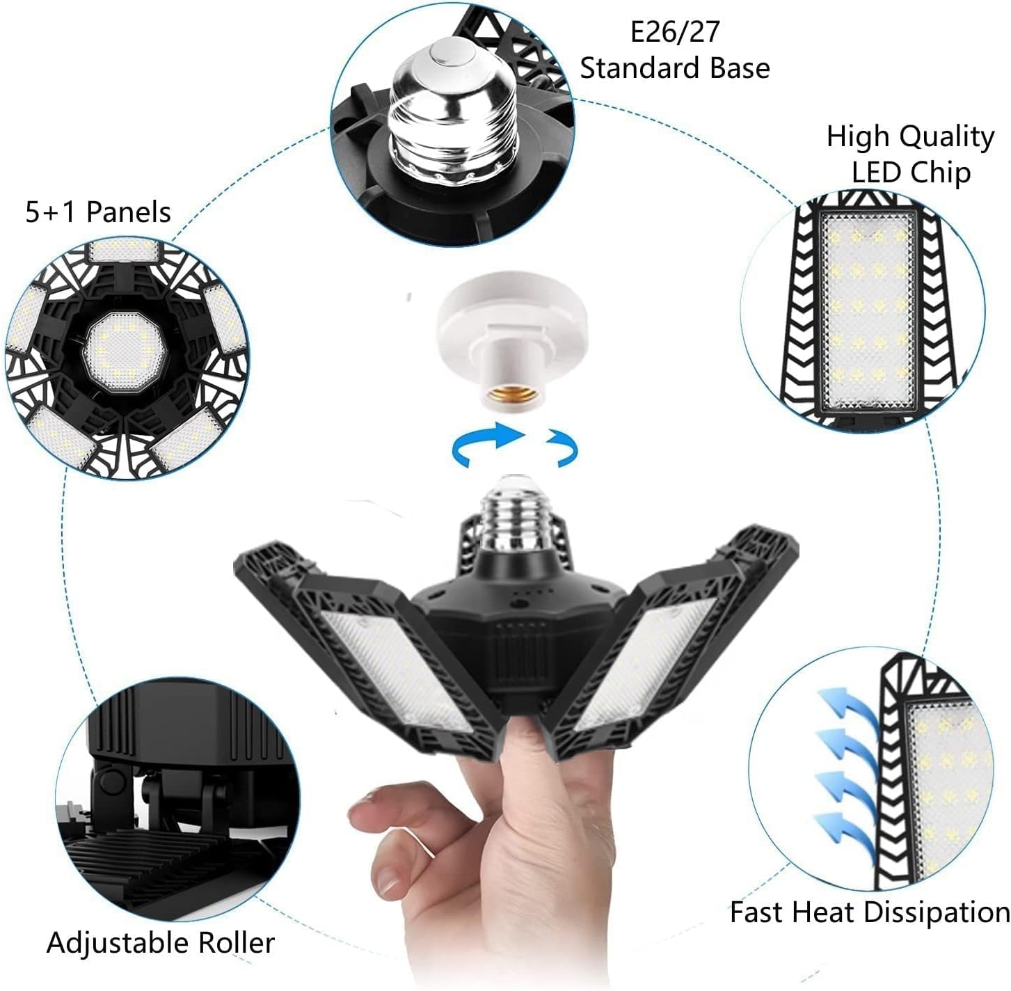 4 Pack 160W 16500LM LED Garage Lights - 6500K Daylight White, Deformable 5+1 Panel Design, E26/E27 Screw-in Bulb Socket Compatible for Workshop, Basement, Storage & Retail Stores - Bright Lighting Solution for Home & Commercial Spaces